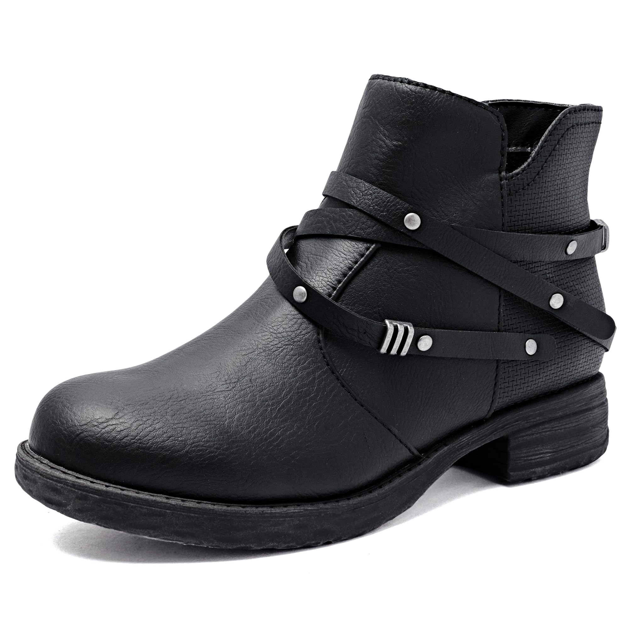 Ataiwee Womens Ankle Boots - Classic Side Zip Cover with Buckle Strap Round Toe Comfortable Platform Low Chunky