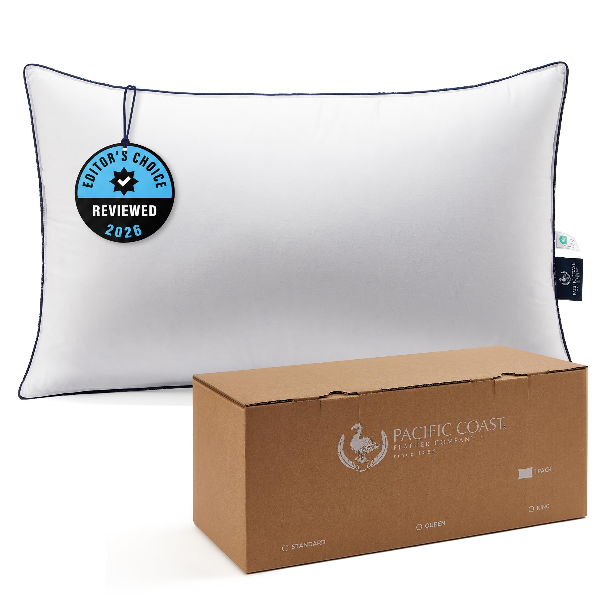 Photo 1 of Pacific Coast Bed Pillow, Hotel Collection Goose Feather and Down Pillow for Sleeping, 3-Chamber Design, Medium Supportive, Standard Size