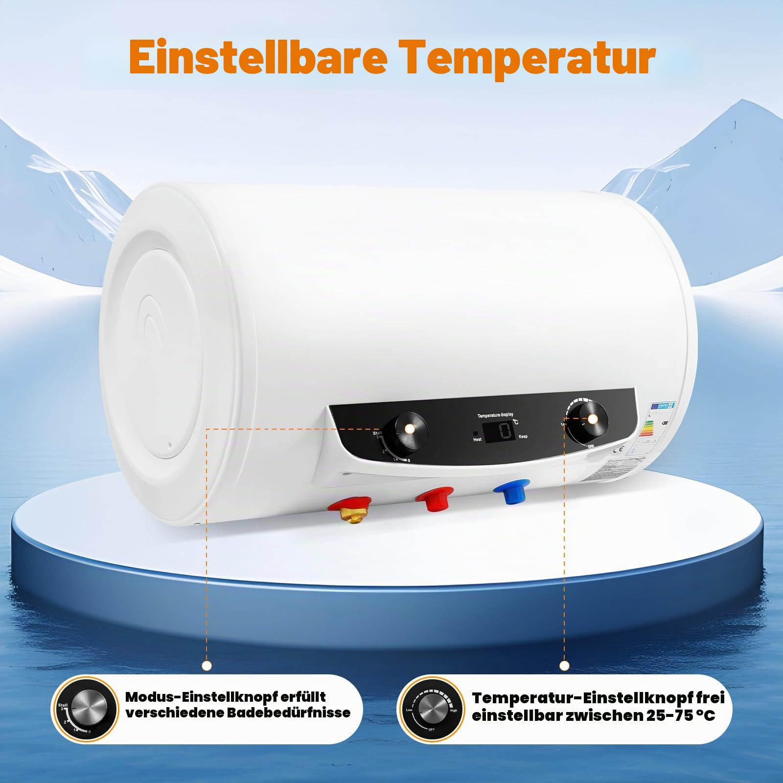 50 Liter Elektro Warmwasserspeicher 2000W Heizleistung Boiler Warmwasserboiler Speicher Leckage-Schutz, Upgraded Horizontal Wandhänge 25-75°C Wasserboiler [Energieklasse B]