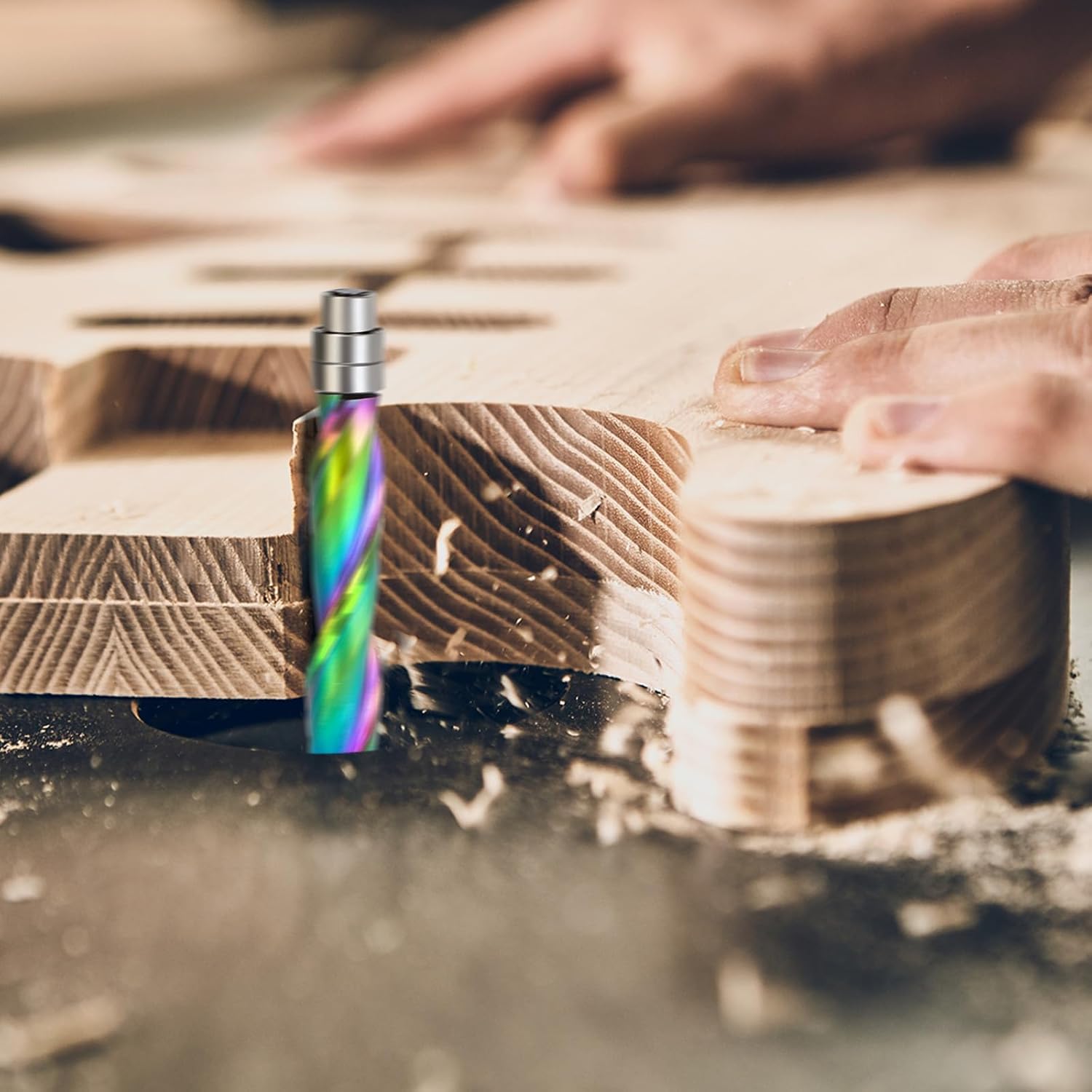 UP Cut Spiral Flush Trim Router Bit 1/4 inch Solid Carbide Flush Trim Router Bits with Bottom Bearing Nano Multicolore Coating 1-1/4 Cutting Length for Woodworking