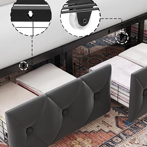 Miniatura 6 de Keyluv Base de cama con dosel tapizado completo con 2 cajones y cabecero copetudo con botones, plataforma de metal con 4 postes extraíbles, cama de