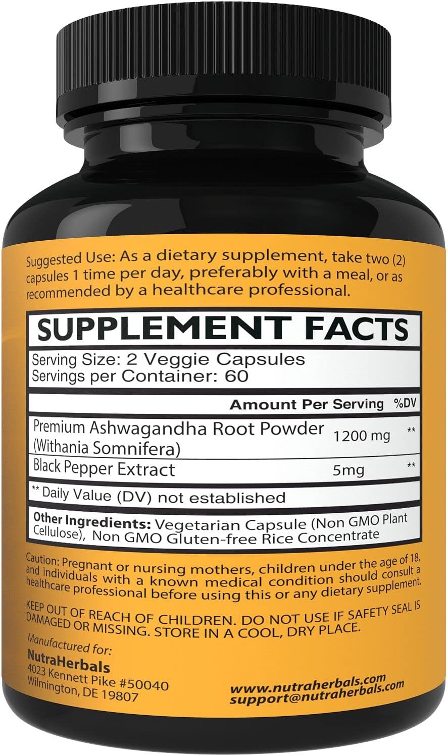 NUTRAHERBALS Ashwagandha Supplement Made with Premium Ashwaganda Root Powder 1200mg with Black Pepper Extract for Increased Absorption - 120 Vegi Capsules