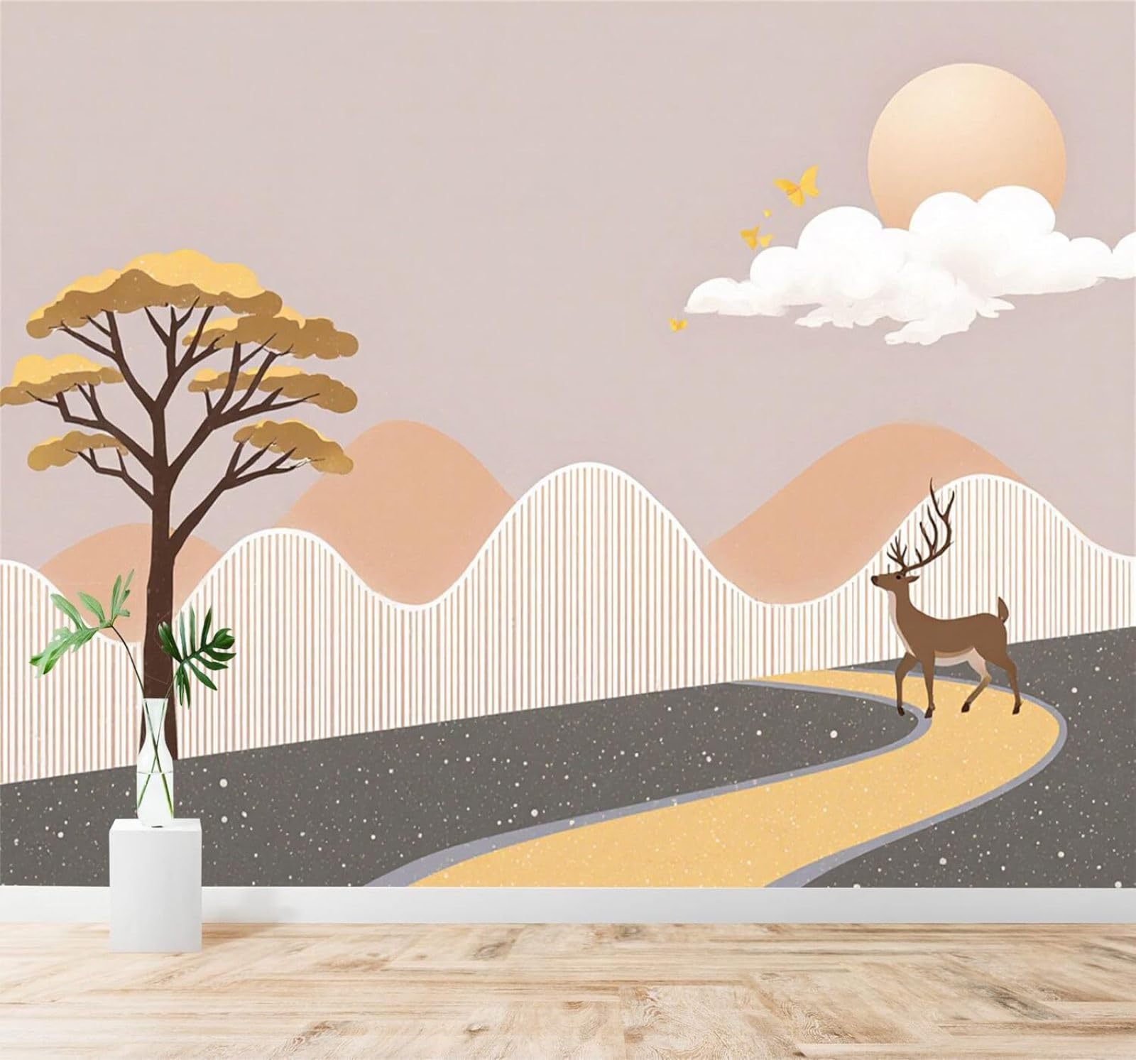 XLMING Mountain Peaks Fawns Trees Sunlight Clouds 3D Wallpaper Premium Textured Silk Study Dining Living Room Bedroom Sofa TV Wall Easy Install-250cm×170cm