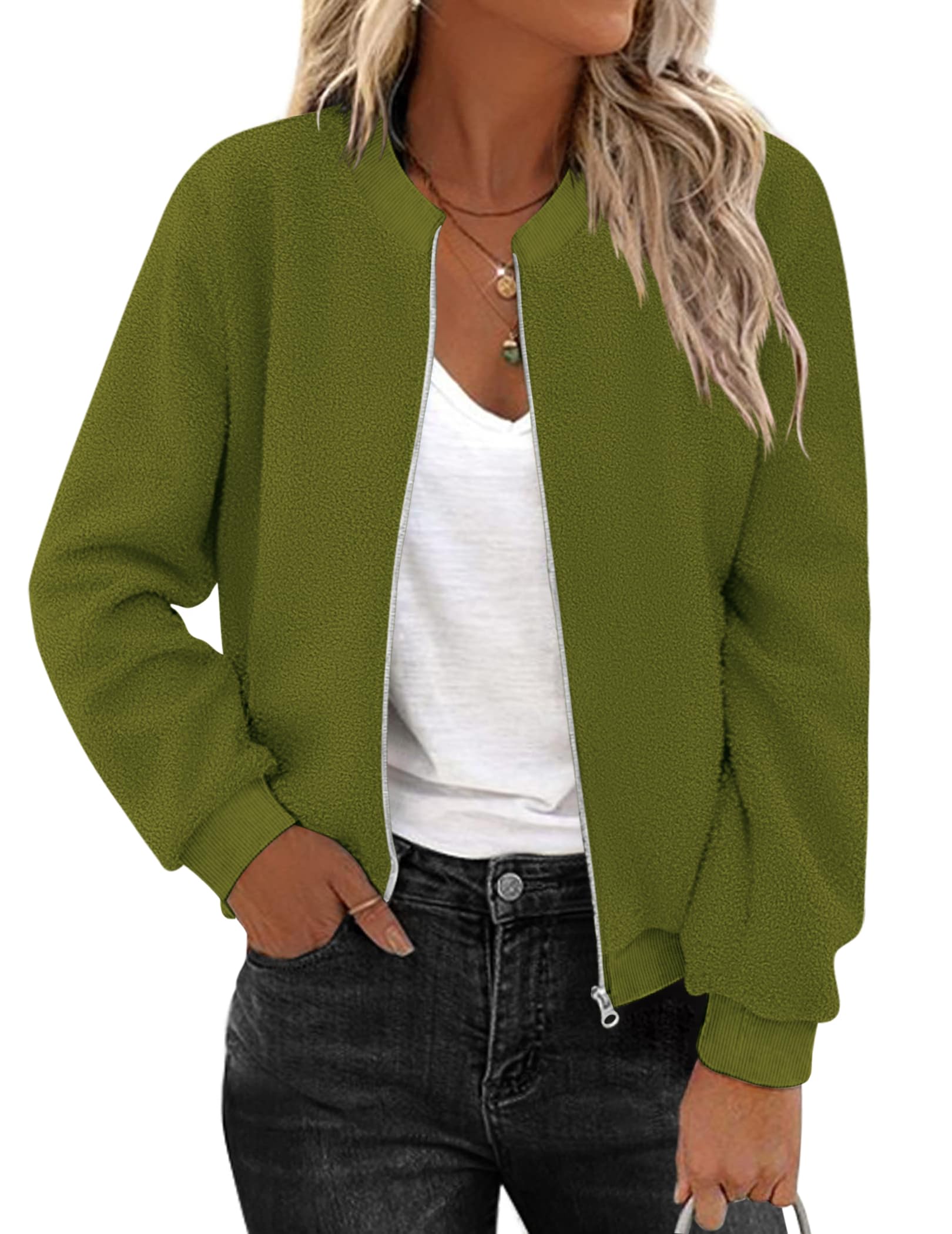 ZeagooWomen's Sherpa Fleece Jacket Long Sleeve Faux Fuzzy Casual Zip Up Bomber Coat