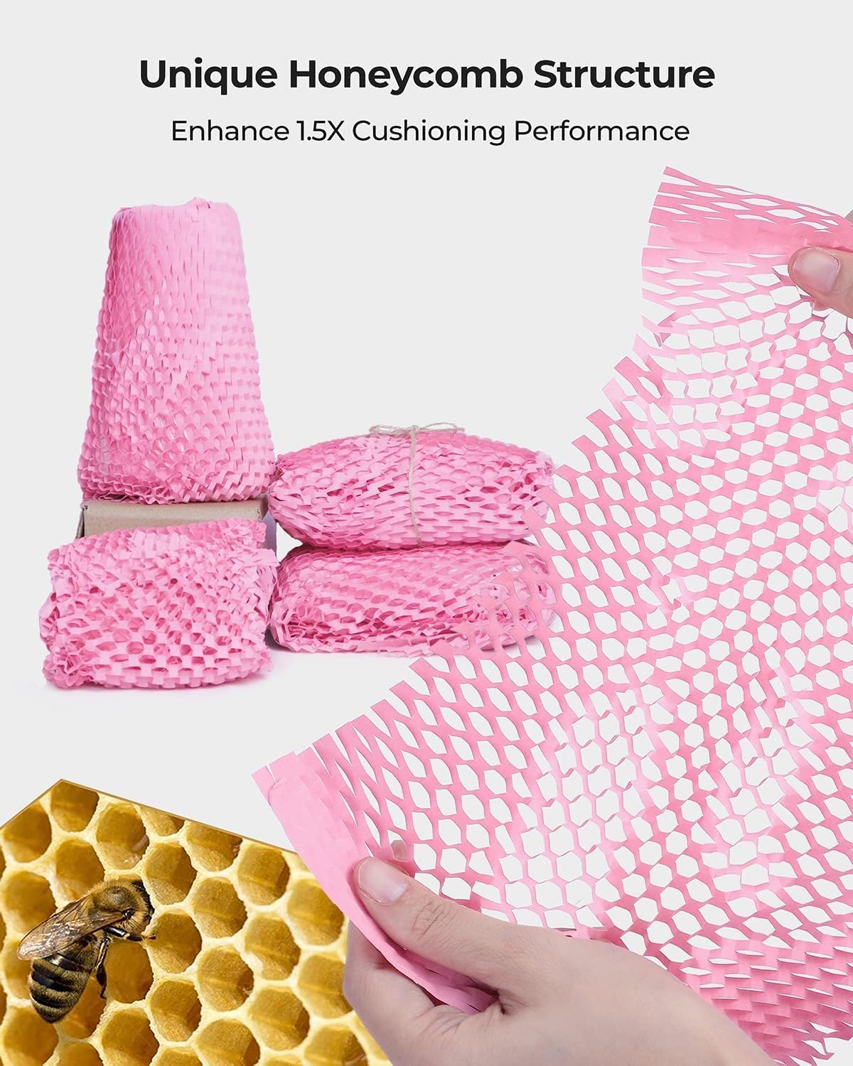 Wabenverpackungspapier, Rosa, 25,4 x 114,7 cm, Verpackung für Umzug, Versandverpackung, recycelbares Umzugszubehör mit zerbrechlichen Aufkleber-Etiketten und Bindfaden, Rosa, 25,4 x 114,7 cm