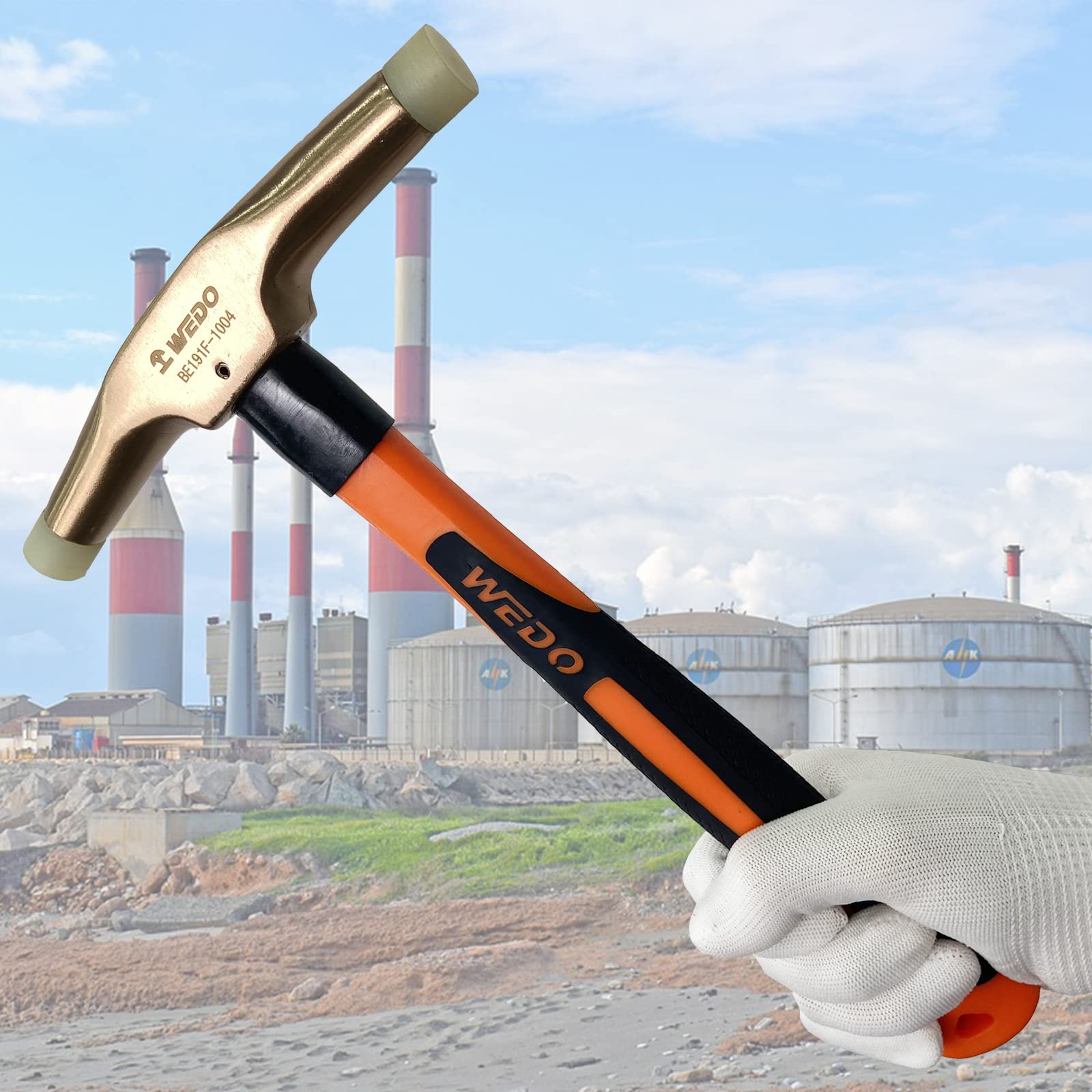 WEDO Młotek z nylonową końcówką, młotek nieparkingowy, miedź berylowa, głowa, 420 g, długość 280 mm, młotek tapicerski, uchwyt z włókna szklanego, certyfikat BAM
