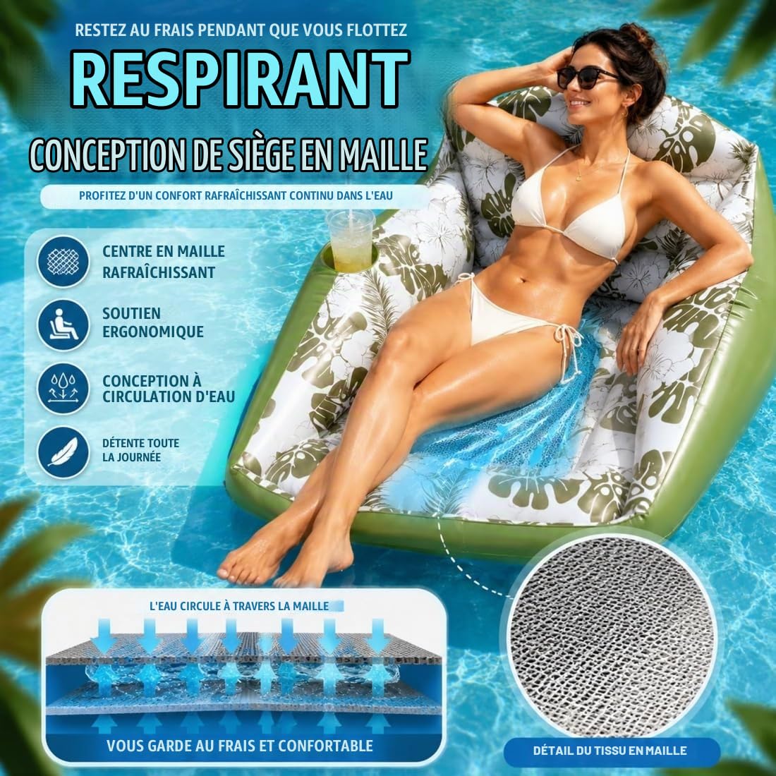 Fauteuil Gonflable Piscine 3-en-1 Adulte, hamac Flottant en U avec Porte-gobelet et siège Filet pour Piscine, lac, Plage et Vacances