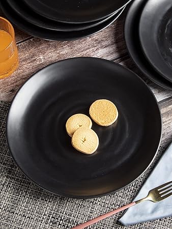 Melamine Round Serving Full Dinner Plates Set for Kitchen with Spiral Design Kitchen Utensils Breakfast Lunch Decorative Serving Set of 6 Black