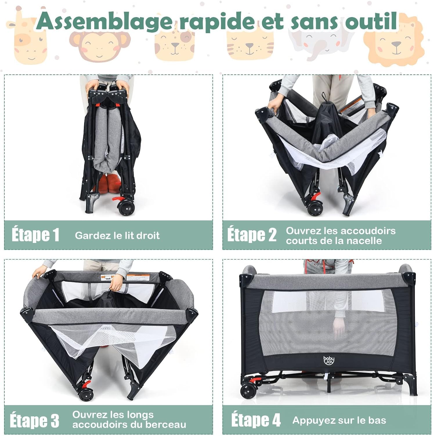 GOPLUS Lit Bébé, 5 en 1 Lit Parapluie Pliable et Portable avec Table à Langer, Fonction de Berceau, d'Enceinte d'Activités, Berceau Cododo Bébé Réglable en Hauteur avec Roues Mobiles, Jouets (Noir)
