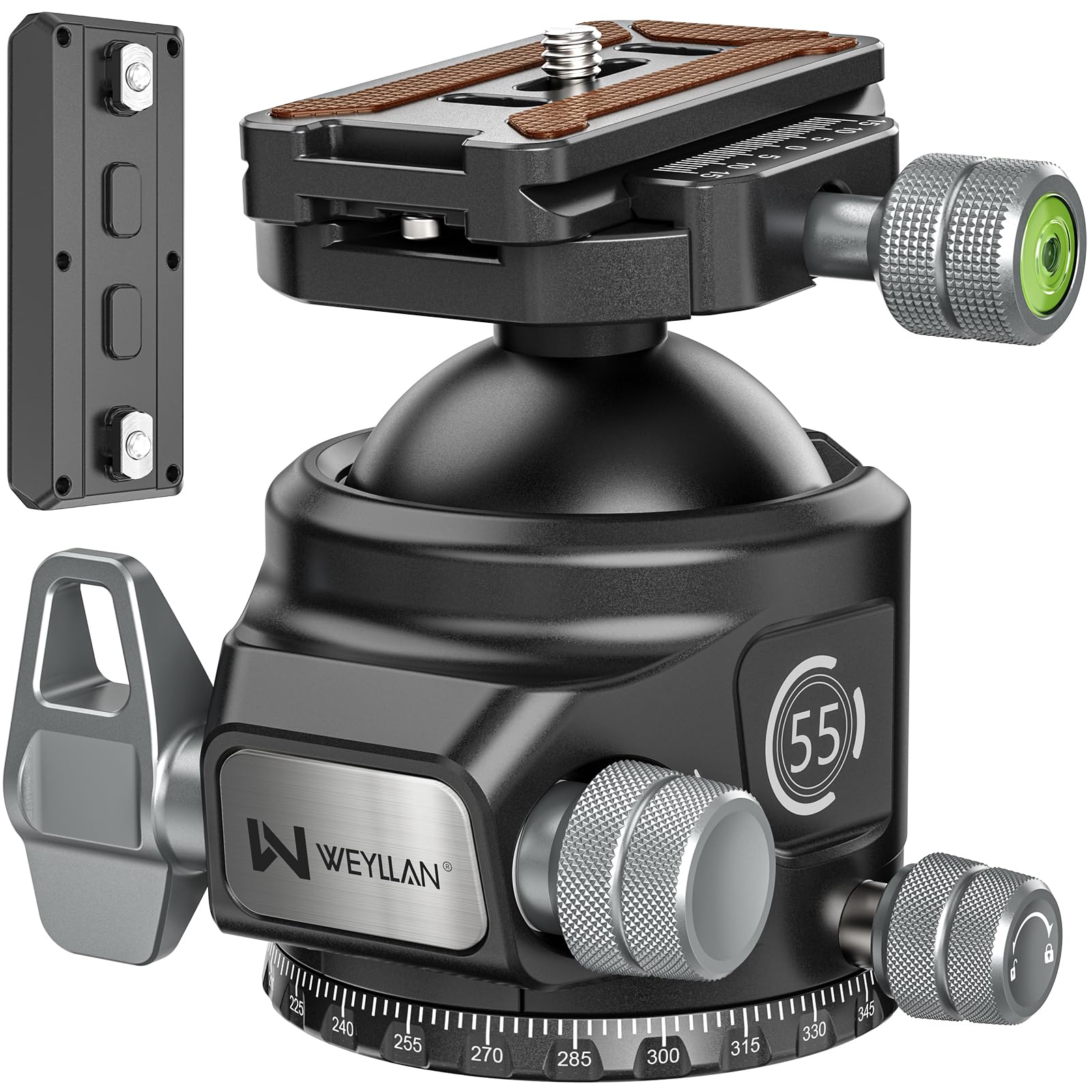 WEYLLAN KH55 testa a sfera per treppiede a basso profilo con rilascio a leva, 55mm testa sferica in metallo rotante a 360°, con arca rail m-lok, per riprese fotografiche di caccia, carico massimo 40kg