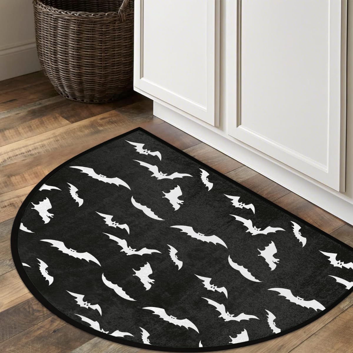 Half Round Door Mat Bat Halloween Black Non-Slip Soft Semi Circle Rug Washable Half Moon Welcome Entrance Doormat for Outdoor Indoor Floor Bedroom Bathroom Home Kitchen Festival Decor Gift