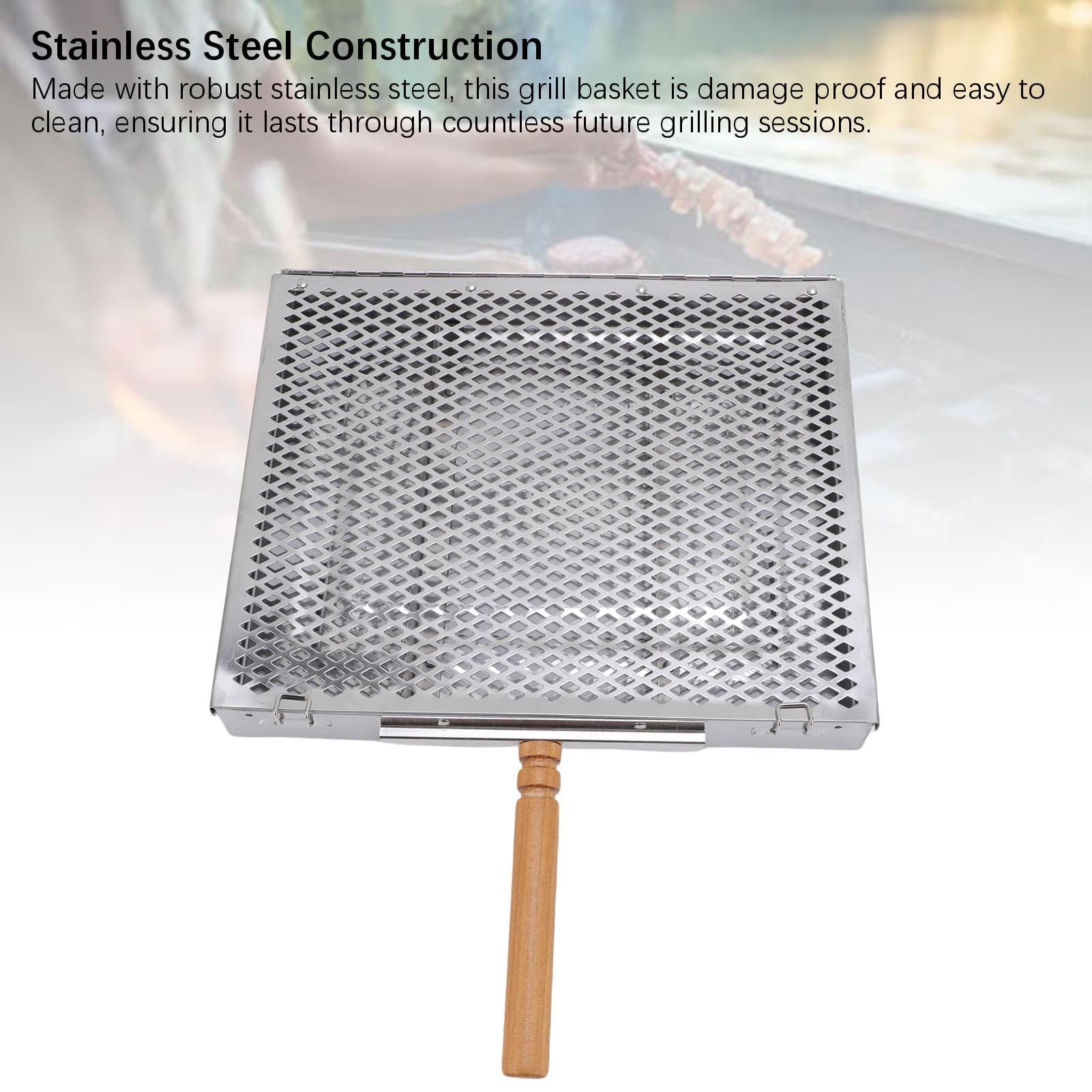 Naroote Cestello per Barbecue, Cestelli per Barbecue in Acciaio Inossidabile con Manico in Legno, Griglia Portatile in Rete per Cucinare Pesce, Carne, Gamberetti e Verdure da Campeggio all'aperto