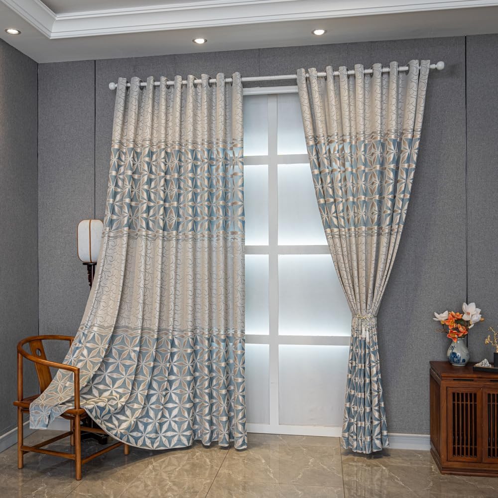 Amidoudou 1 Pair American Style Luxury Curtains for Living Room Bedroom Embroidered Hollowed Curtains (Gray Blue,63x90 Inch)