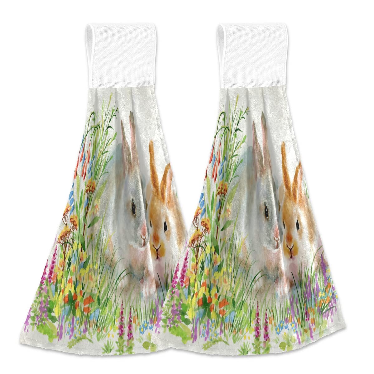 SUABOEaster Bunny Flower Kitchen Tie Towel Home Decorative Hanging Towels 2PCS Super Soft Absorbent WashCloth Tie Towels for Home Bathroom Farmhouse Housewarming Tabletop, 12x17Inches