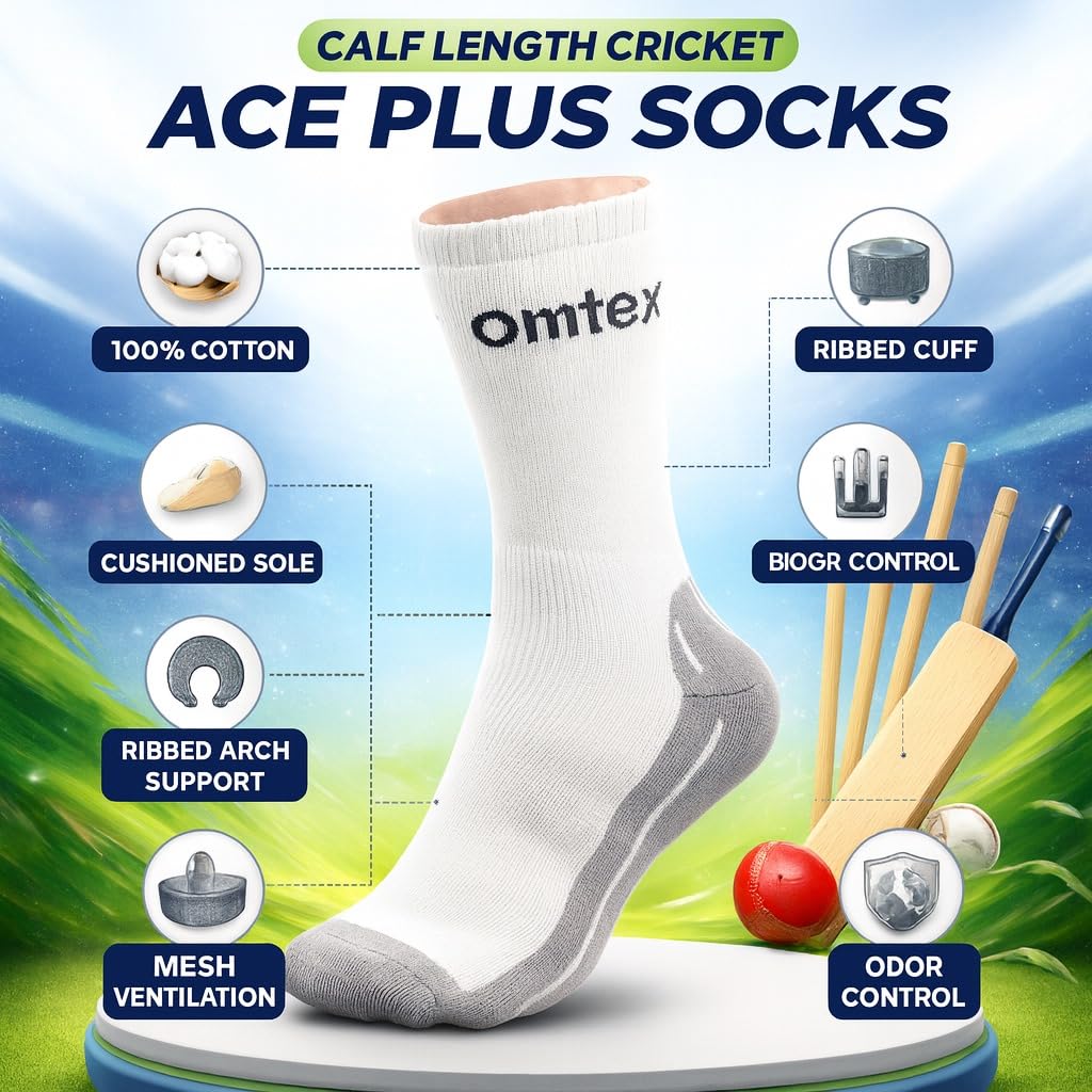 omtex Cricket ACE Plus Calf Length Socks for Men & Boys | Cotton Blend Fabric | Sweat Absorbent, Breathable, Elastic Grip, Durable Sports Socks | Free Size | Off-White | Pack of 1 1