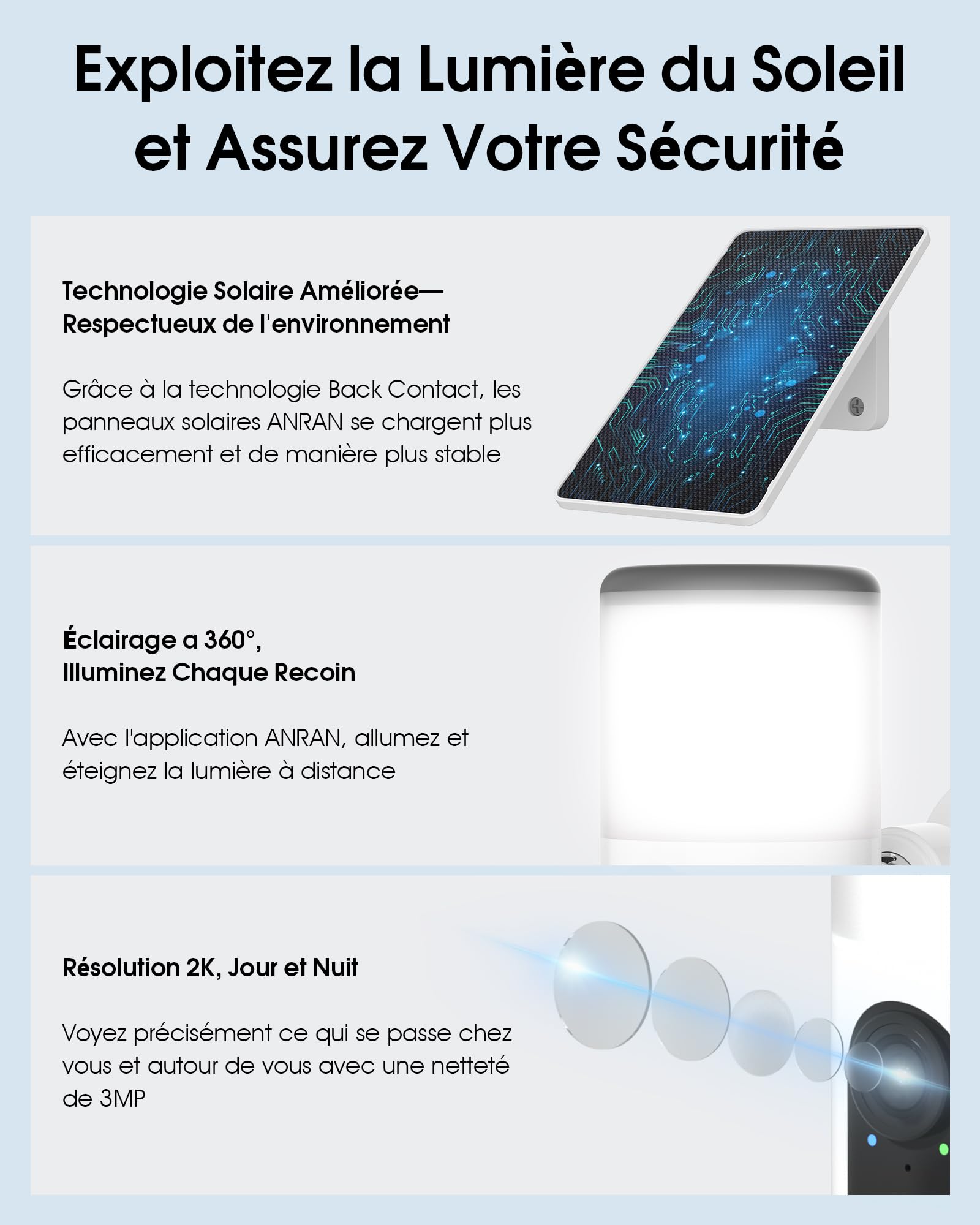 ANRAN 2K Caméra Surveillance WiFi Extérieur sans Fil Solaire avec Lumens