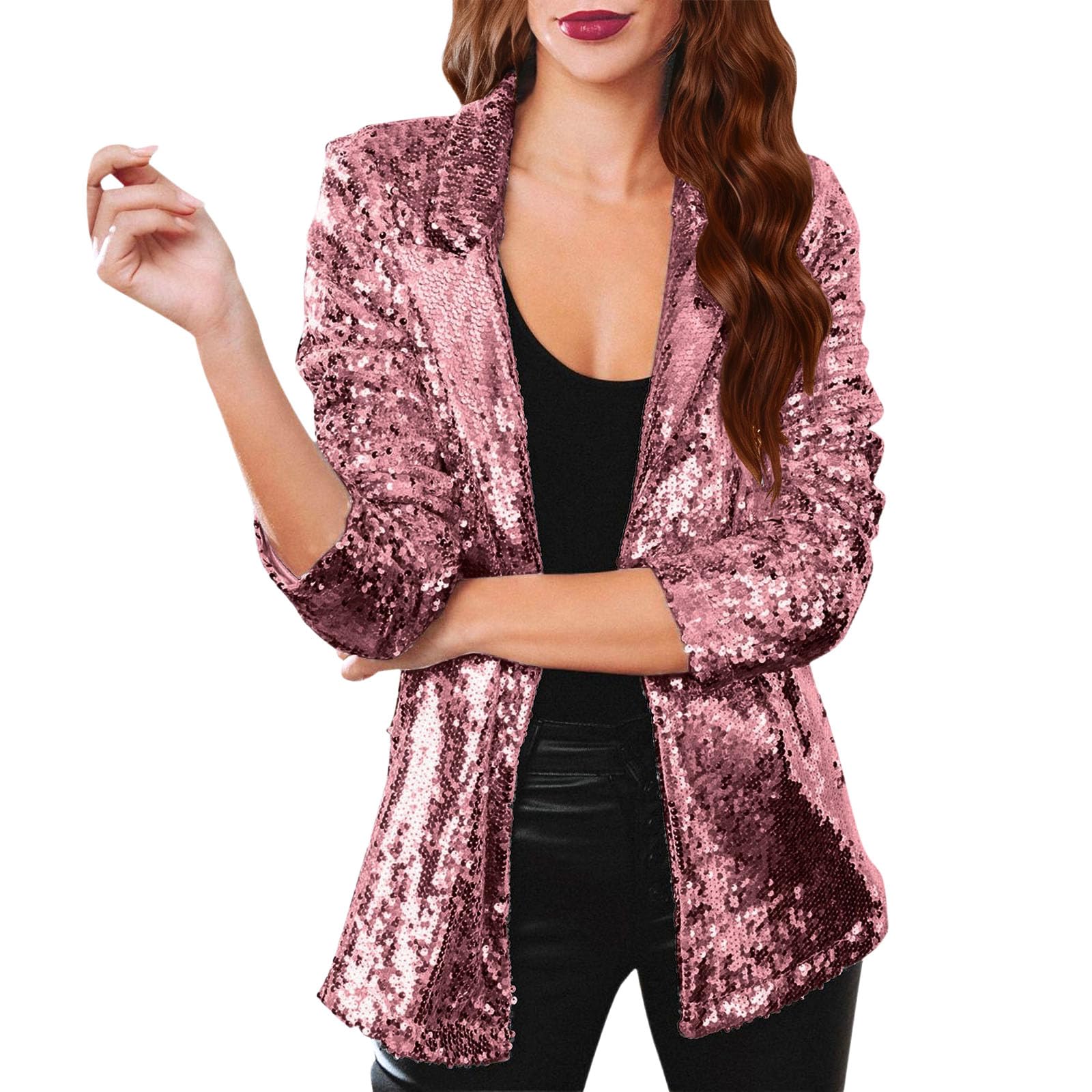 Sparkly Blazer for Women Shimmer Glitter Long Sleeve Casual Shiny Lapel Lightweight Jacket