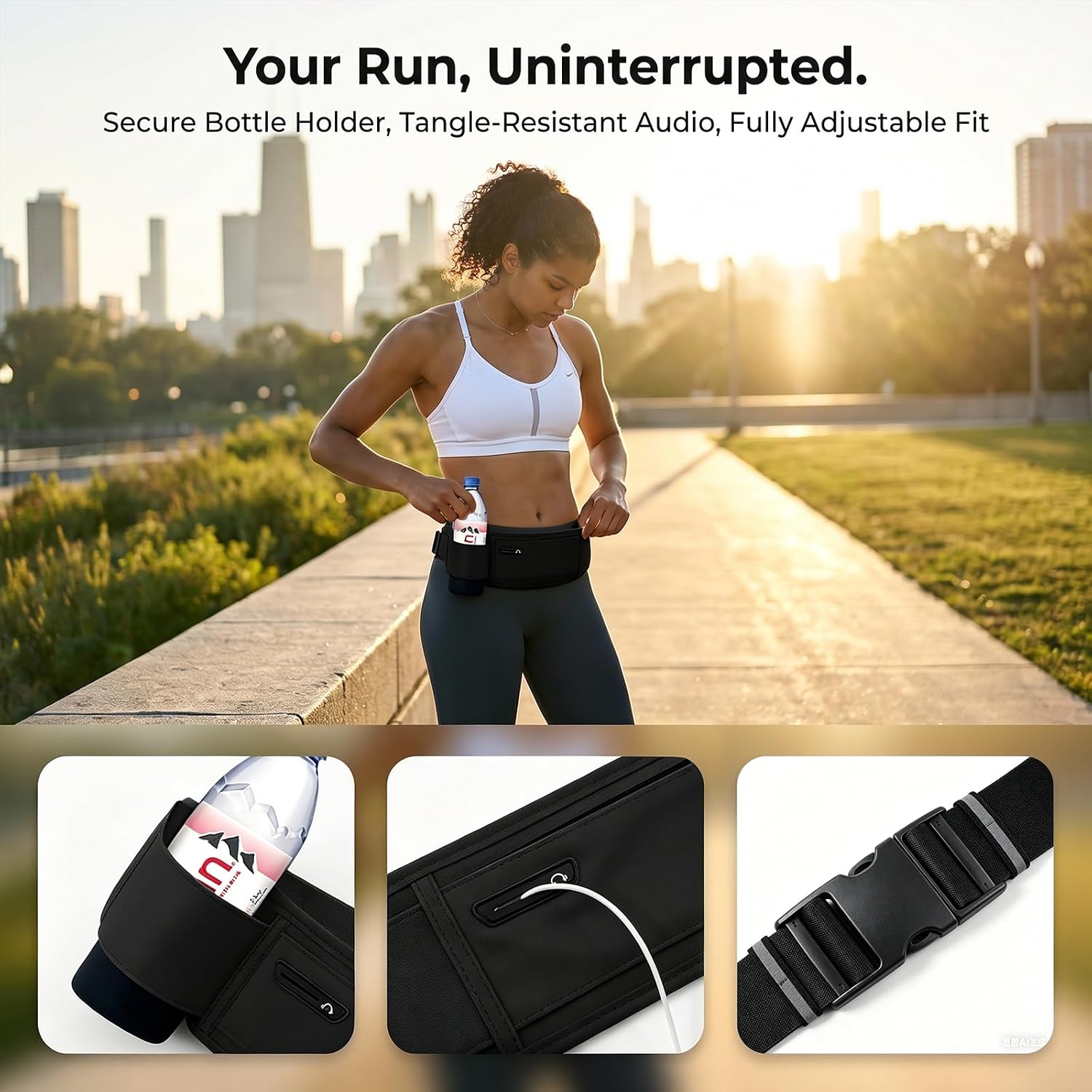 Running Hydration Belt with Water Bottle Holder, Phone Storage, Black image 5