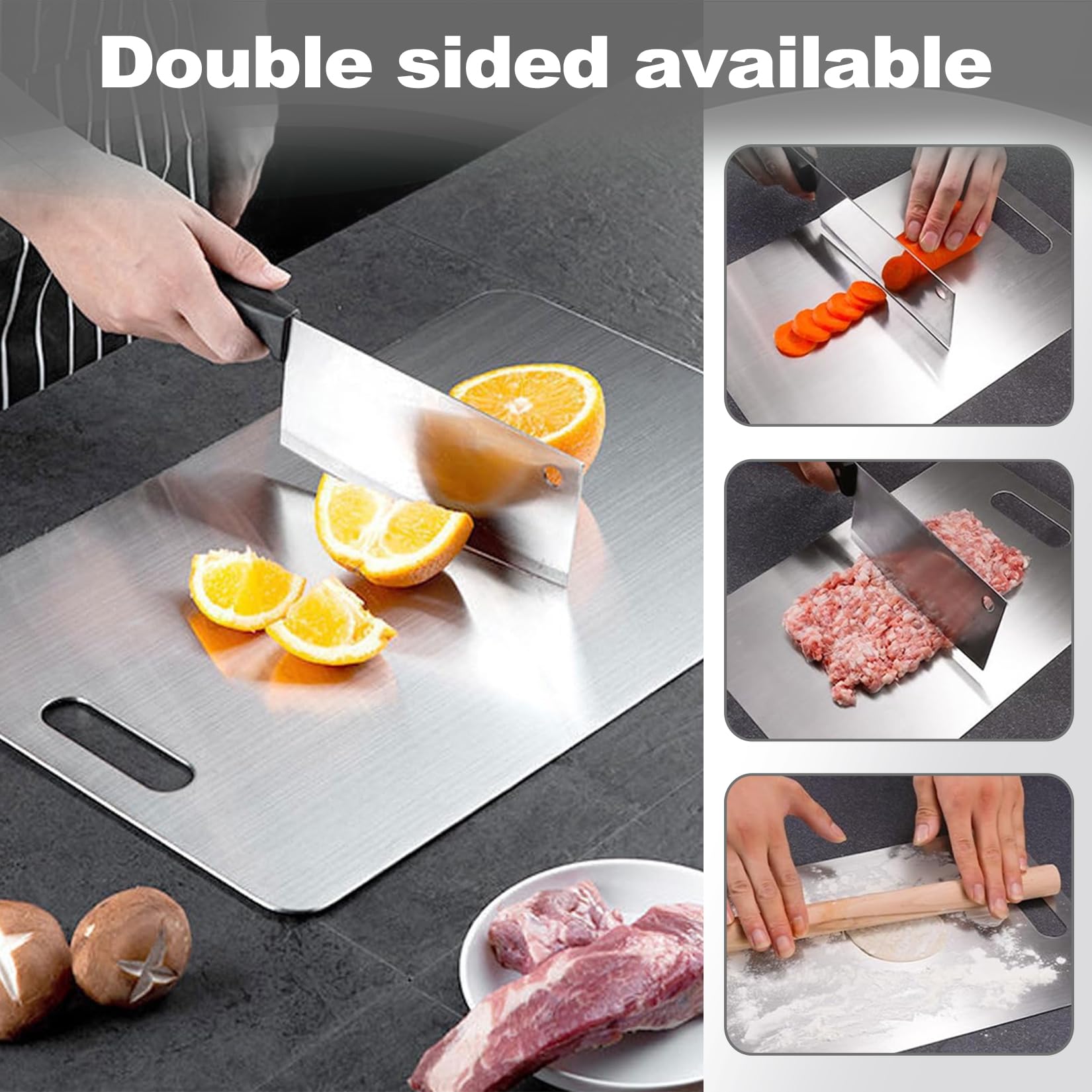 JurciCat 2 Planches à Découper Double Face En Titane & Acier Inox – Hygiénique, Antibactérienne, Viande / Légumes