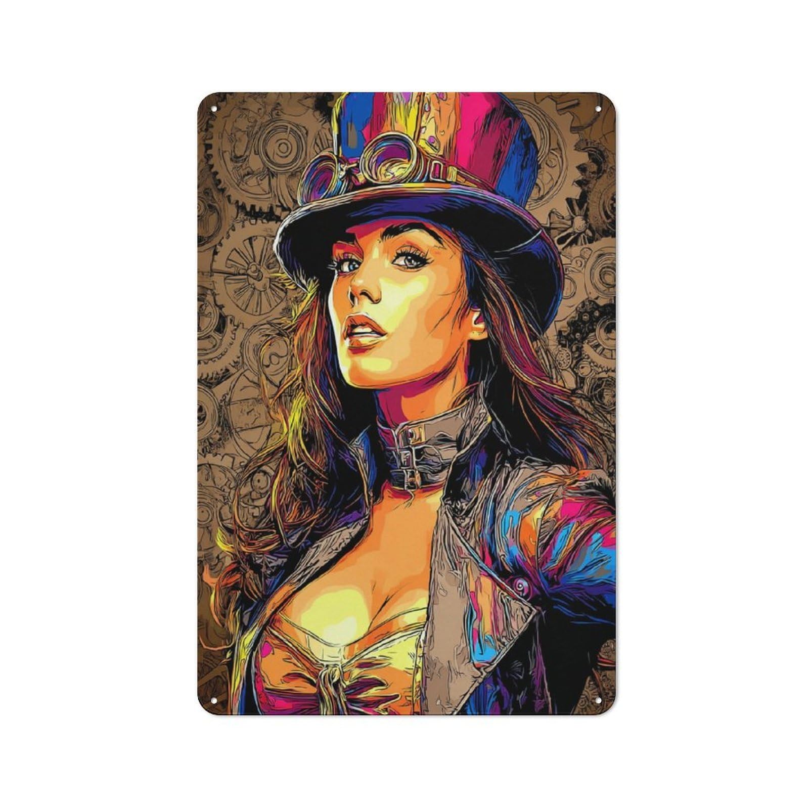 Junmoney Steampunk Woman Portrait-1 Rustic Metal Wall Sign 30X20cm Featuring For Pub Or Café, For Vintage Wall Decor Fans, For Metal Sign Collectors