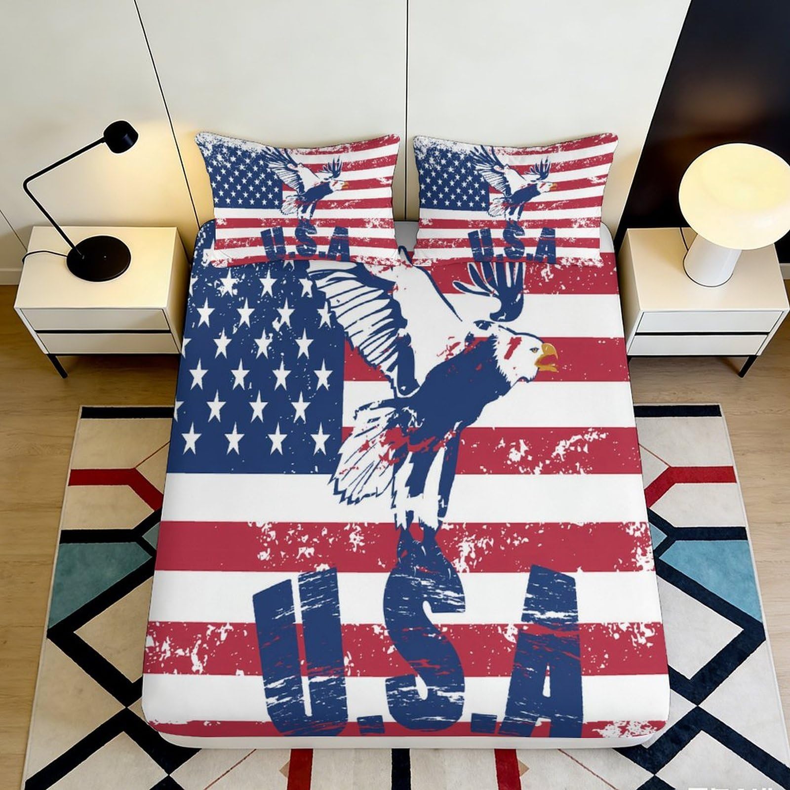 3D Printed American Flag Eagle Fitted Sheet Microfiber Soft Non-Slip Bed Cover for Bedroom Guest Room Decor 120x200x25cm