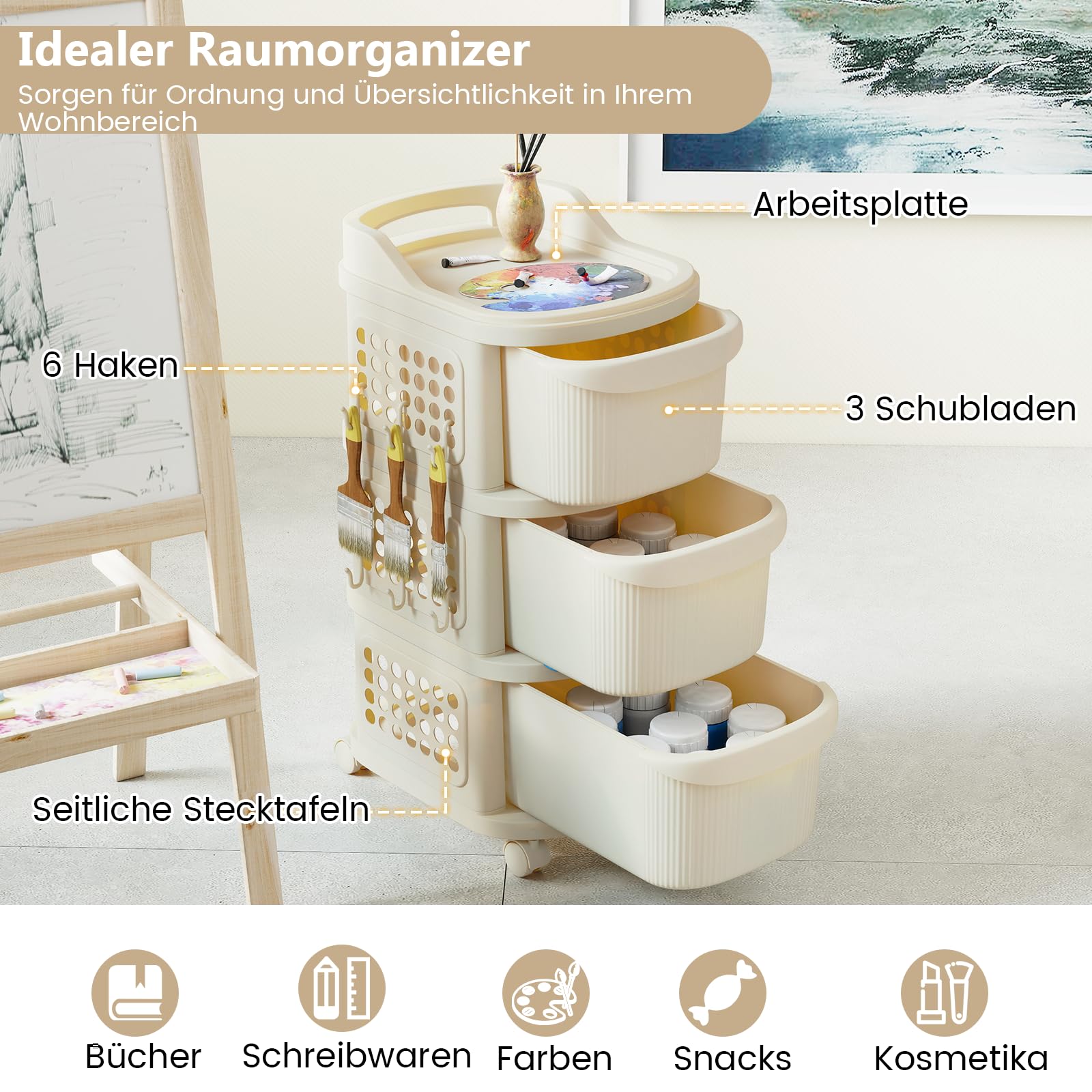 COSTWAY Nischenschrank schmal auf Rollen, Nischenregal 30cm breit, Nischenwagen mit 3 Schubladen, Pegboard, Griff & 6 Haken, Badrollwagen platzsparend, Rollwagen für Badezimmer, Küche, Weiß