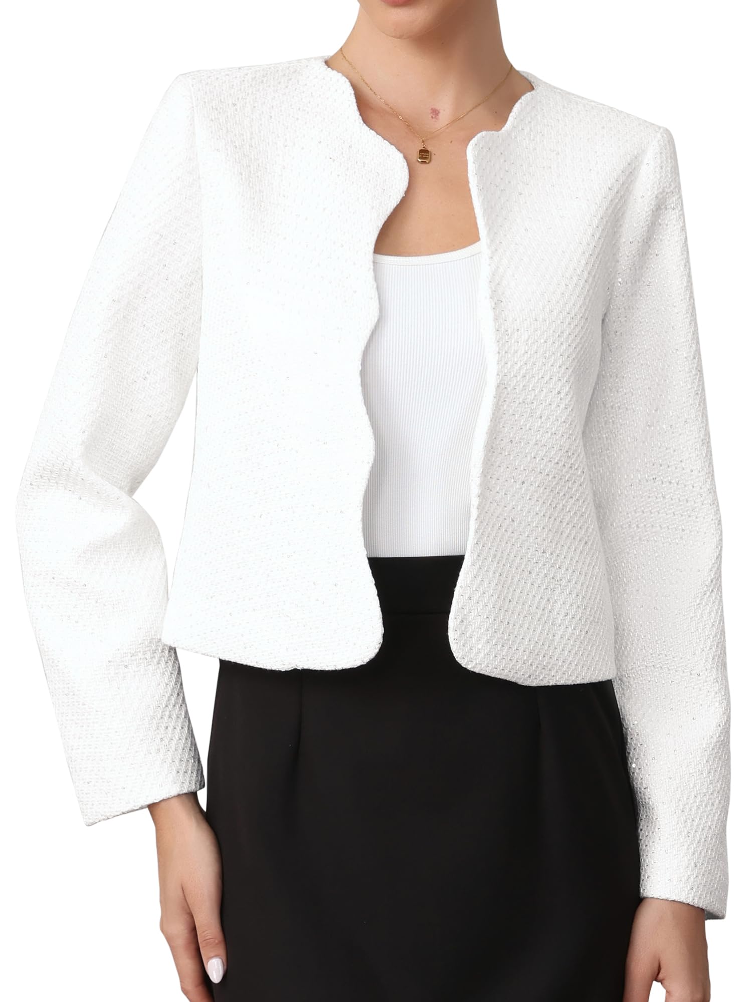 Allegra K Tweed Jackets for Women Long Sleeve Crewneck Open Front Business Work Blazer Suit Jacket