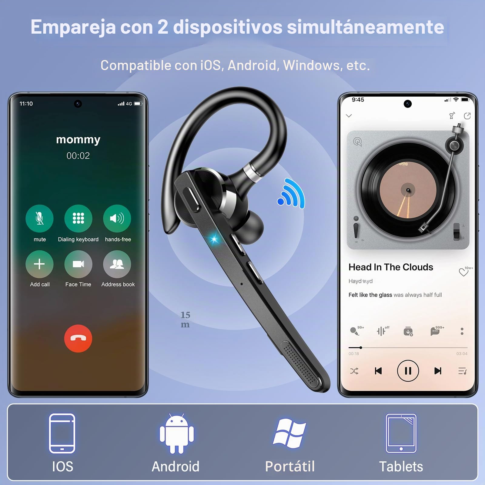 Thunelec Auriculares Manos Libres, 90 Horas aptx Auricular Bluetooth Mono con Doble Mic Cancelación de Ruido, Conexión Dual, Botón Mudo, Auriculares Manos para Camioneros, Negocios y Deporte, Gris