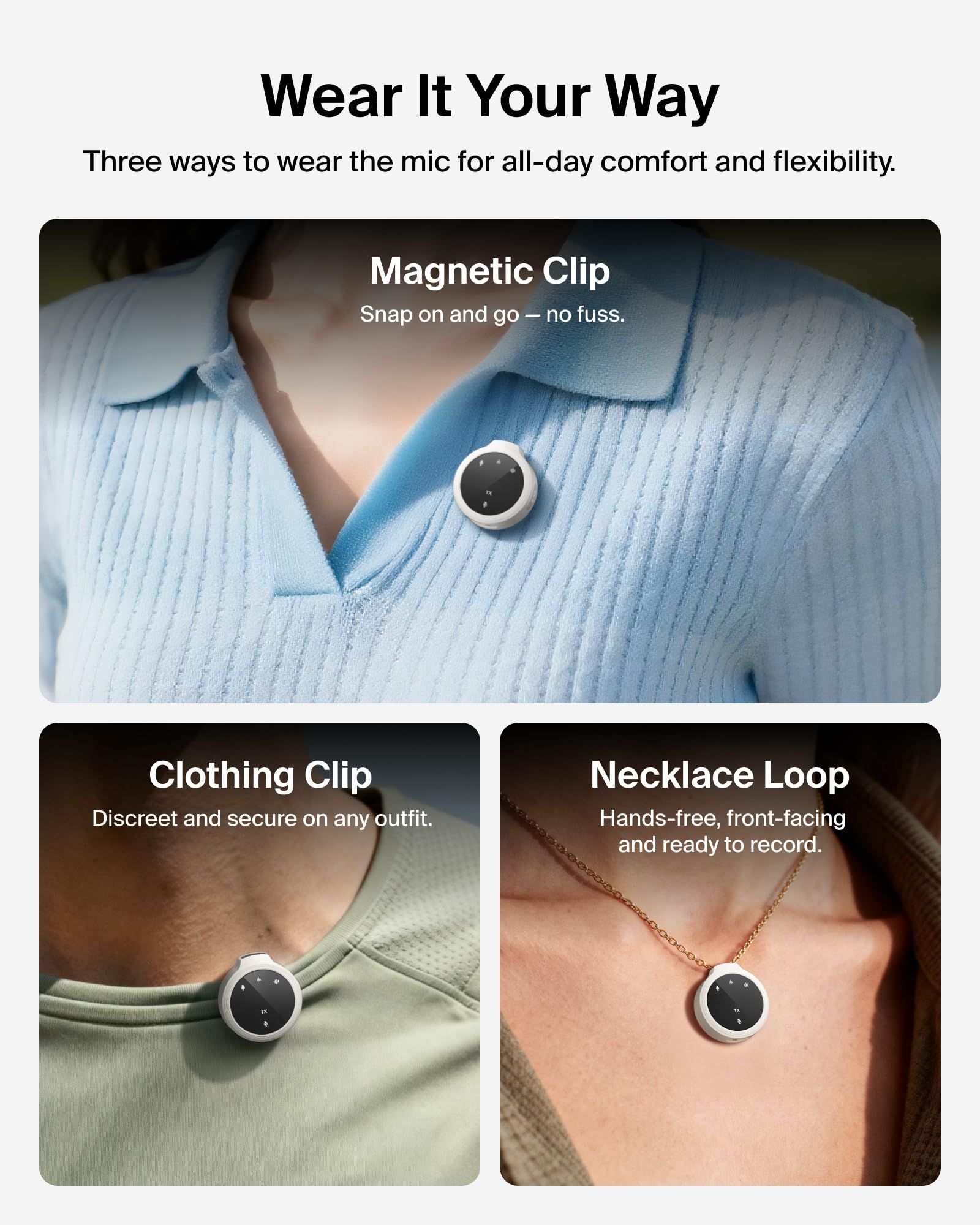 Belkin Stage Microfono Wireless a clip, 2 Microfoni Lavalier Omnidirezionali per Video Social per iPhone, Android, 24 bit/48 kHz, Batteria da 36 ore, Riduzione del rumore, per YouTube, Podcast e Vlog