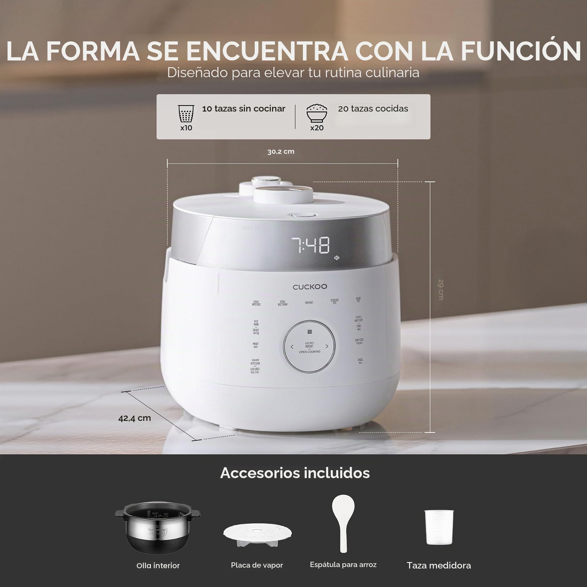 CUCKOO Arrocera y vaporizador con 16 programas, inducción, modo sin presión, función de cocción abierta, temporizador, olla interior de acero inoxidable antiadherente (hasta 10 personas), función de