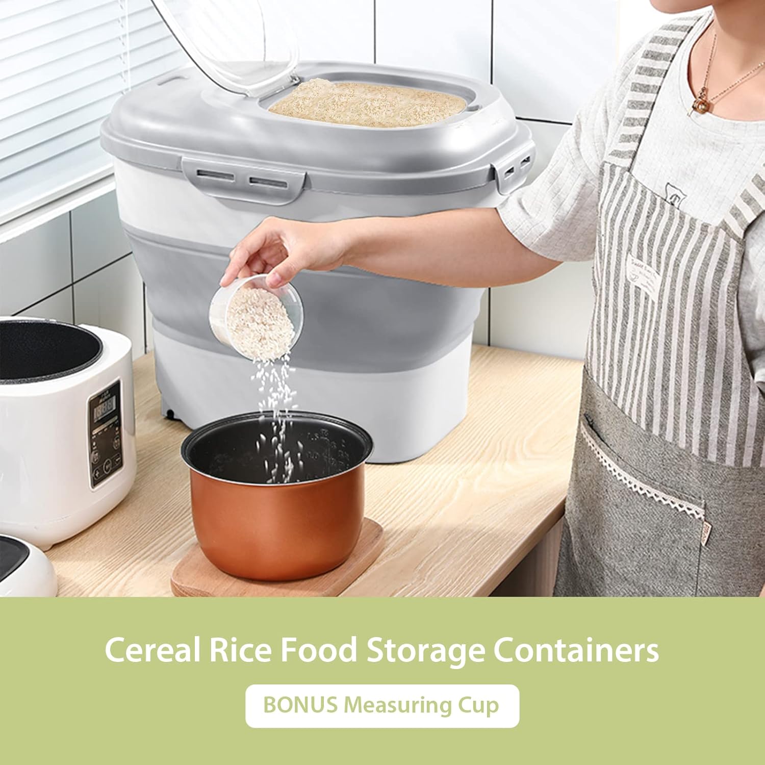 Collapsible Dog Food Storage Container, Airtight Sealed Pet Container with Measuring Scoop & Wheels, 30 lb Large Plastic Cat Containers Bin for Treats, Grey