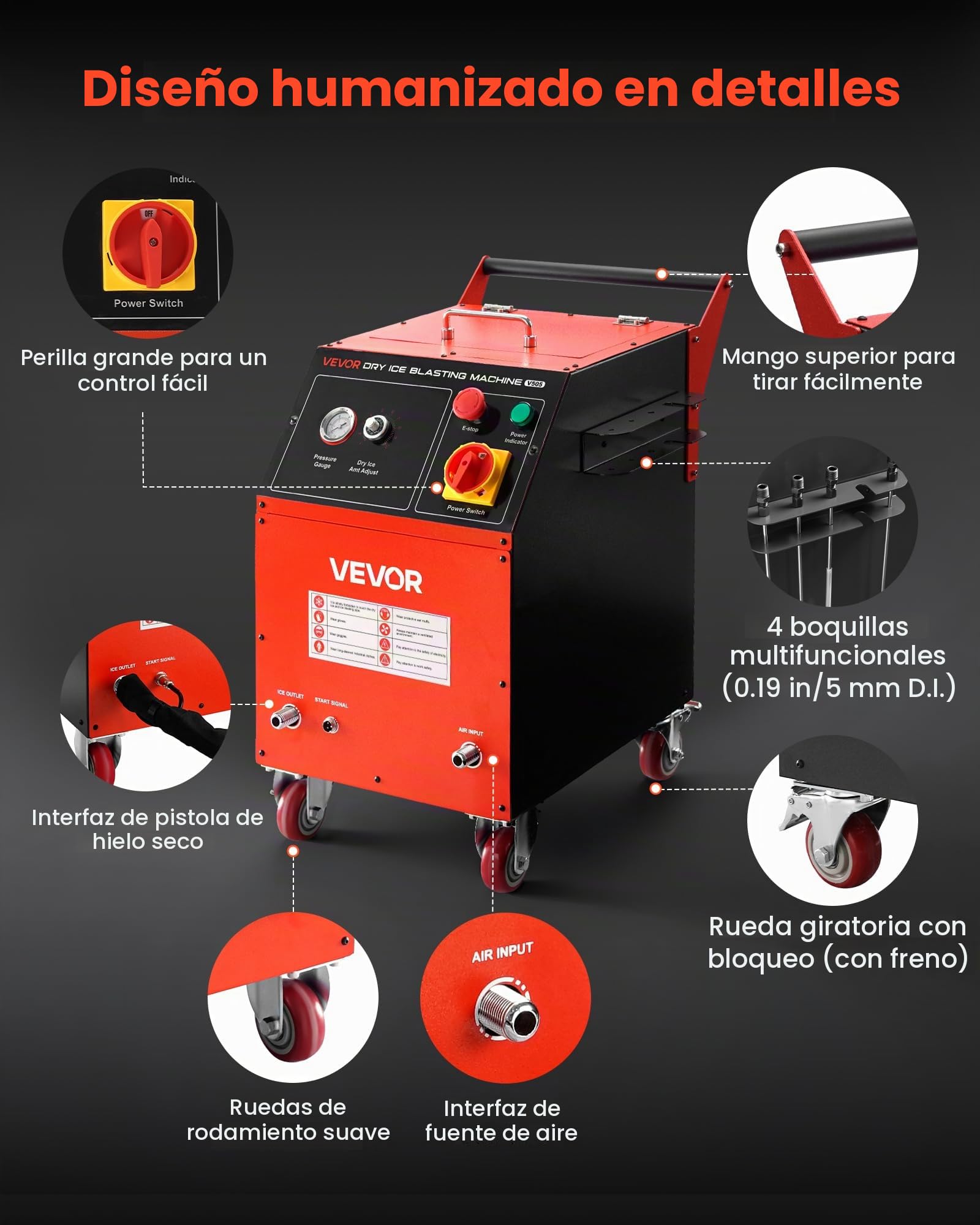 VEVOR Máquina de Limpieza con Hielo Seco, Capacidad de 5 kg, con 4 Boquillas, Presión y Cantidad de Hielo Seco Ajustables, para Aplicaciones Automotrices, Navales, de Aviación y Químicas, Negro