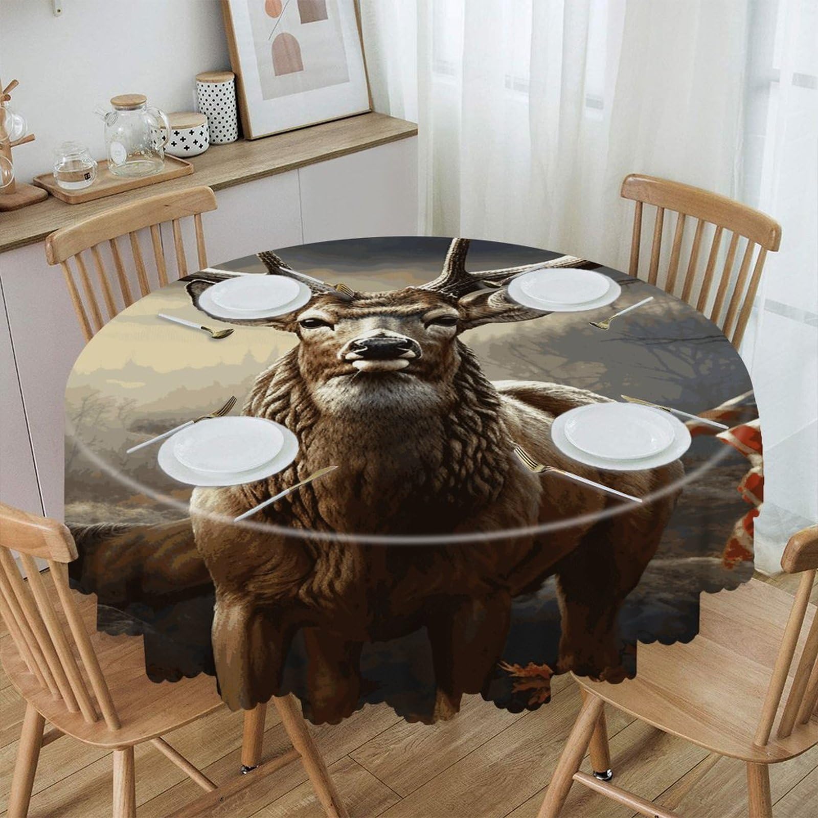 FekiLoot Deer Hunting Season Round Tablecloth Waterproof Spill-Proof Wipeable Table Cloth Wrinkle Free Circle Dining Table Cover for Dining Kitchen Wedding Parties Machine Washable