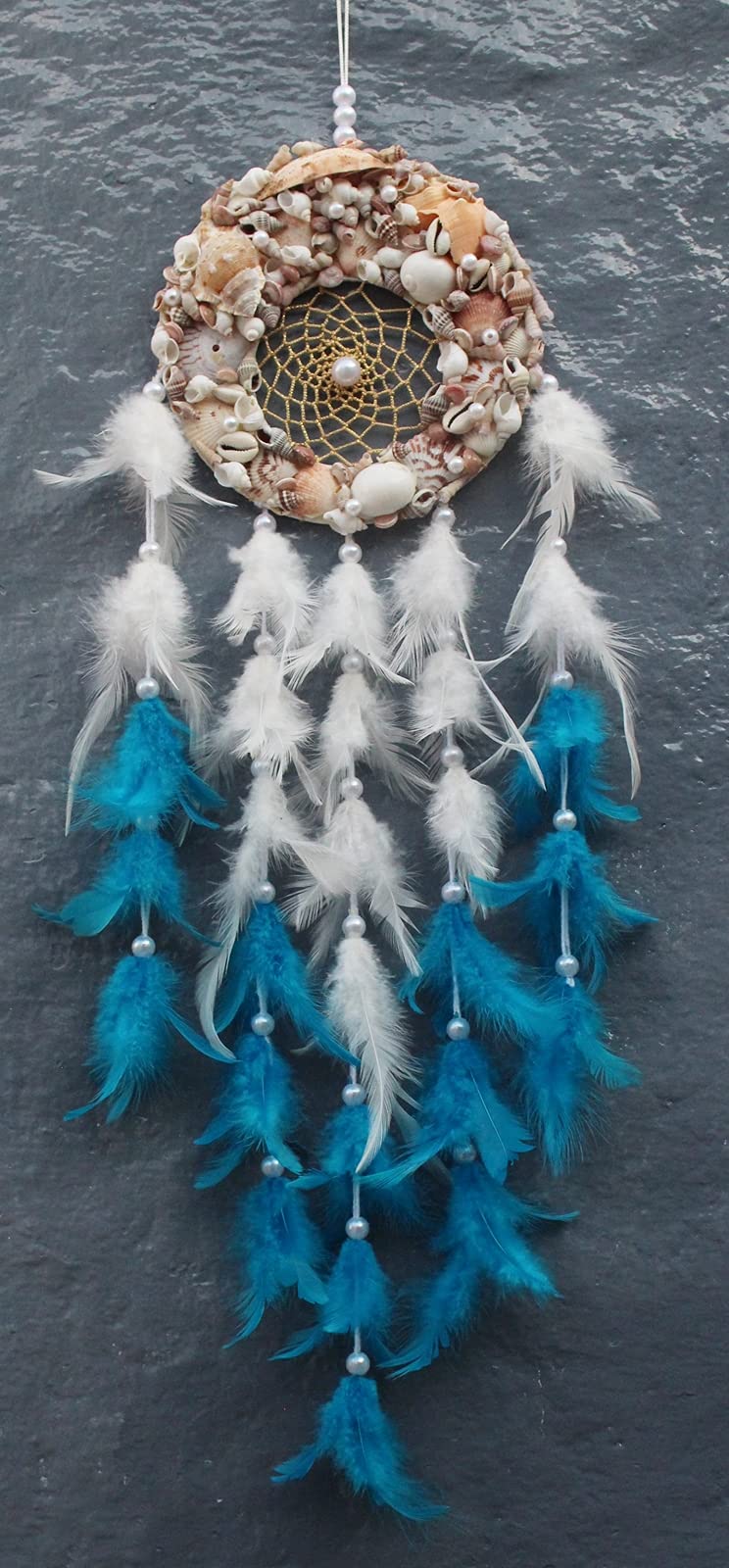 BRAND Unknown Yuvicreations Fine Quality Feathers Round Shape Natural Sea Shell Dream Catcher (White & T.Blue, Pack of 1) (B0966ZYQ9B) Amazon Price History, Amazon Price Tracker