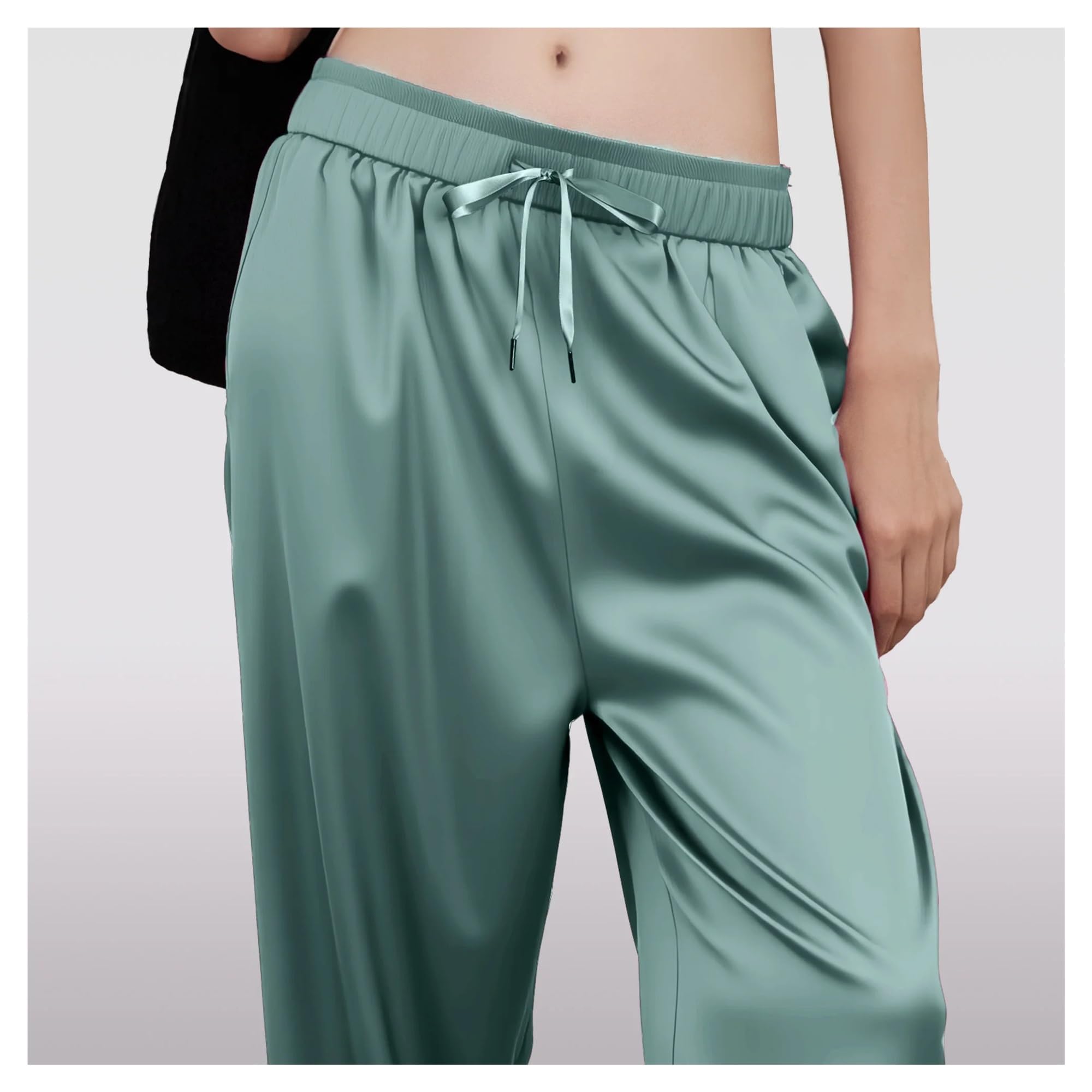 Pantalones de Verano Pantalones Anchos de Seda for Mujer, Rectos, Ligeros, de satén, con Bolsillos, for Uso Diario e Informal. para Mujer(Black,XL)