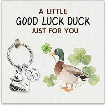 Good Luck Duck Keychain, Lucky Duck Gifts for Women Men, Encouragement Gift for Friends Exam Stress Relief, Four Leaf Clover Charm Keyring for Birthday Goodie Bag Stuffers