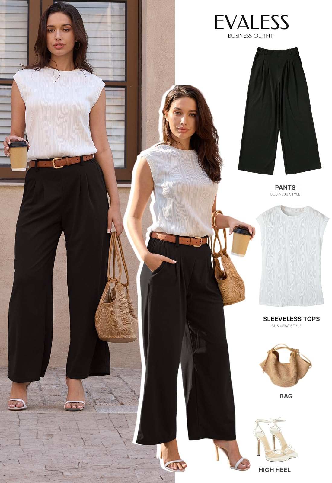 EVALESS Women's Wide Leg Pants Elastic High Waisted Waffle Knit Casual Palazzo Pants Trousers with Pockets