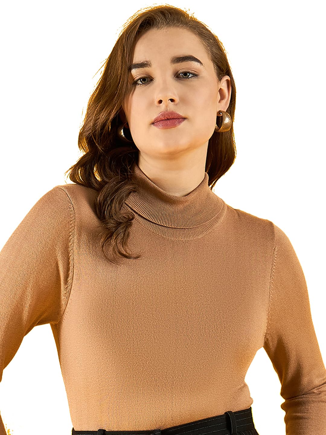 98 north 98 Degree North Women Cotton Self Design High Neck Pullover Has A Full Sleeves and Straight Hem-RG1151-L.Camel-picture-10