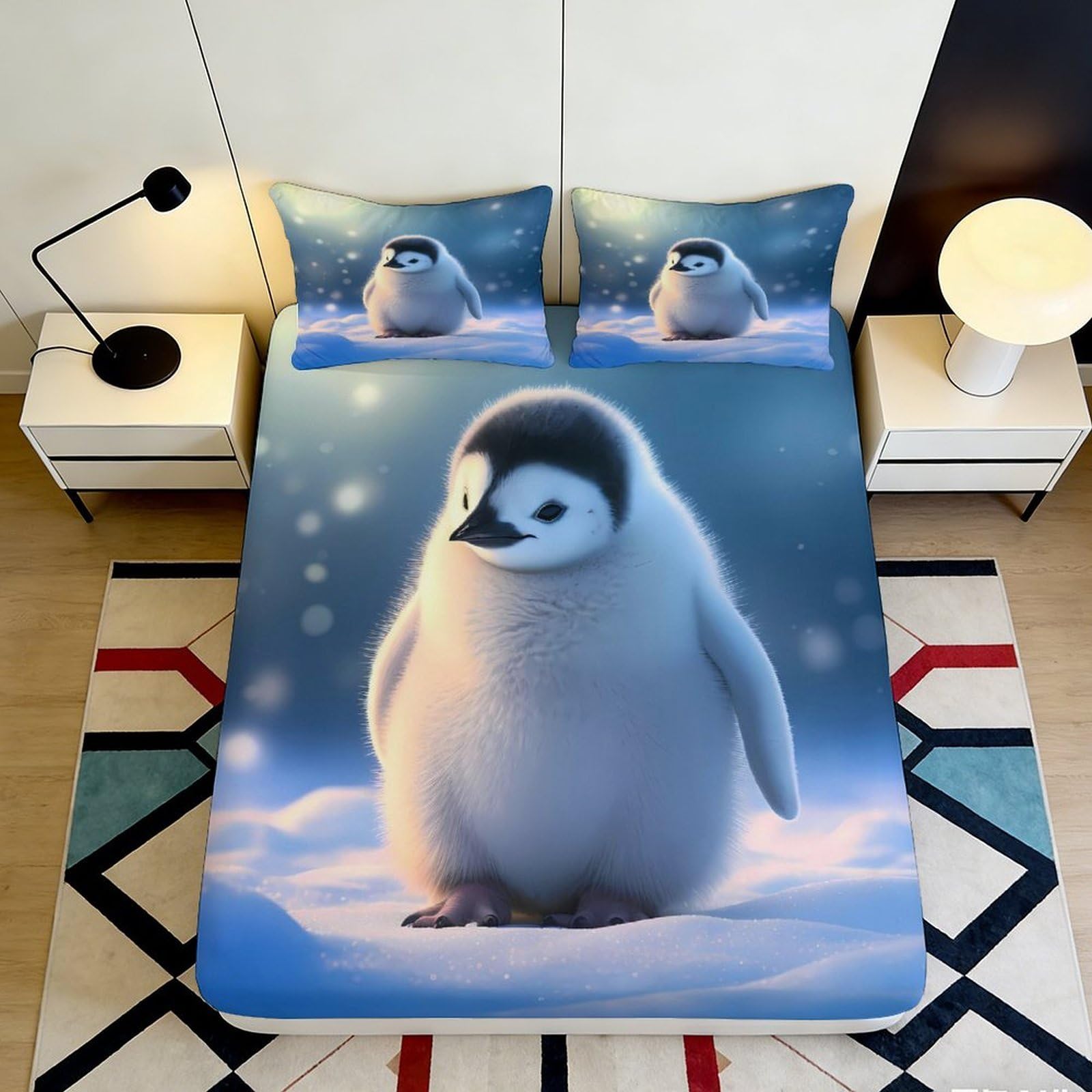 3D Printed Cute Penguin Fitted Sheet Microfiber Soft Breathable Winter Scene Bed Cover for Bedroom Dormitory Guest Room Mattress Protection Decor 160x200x25cm