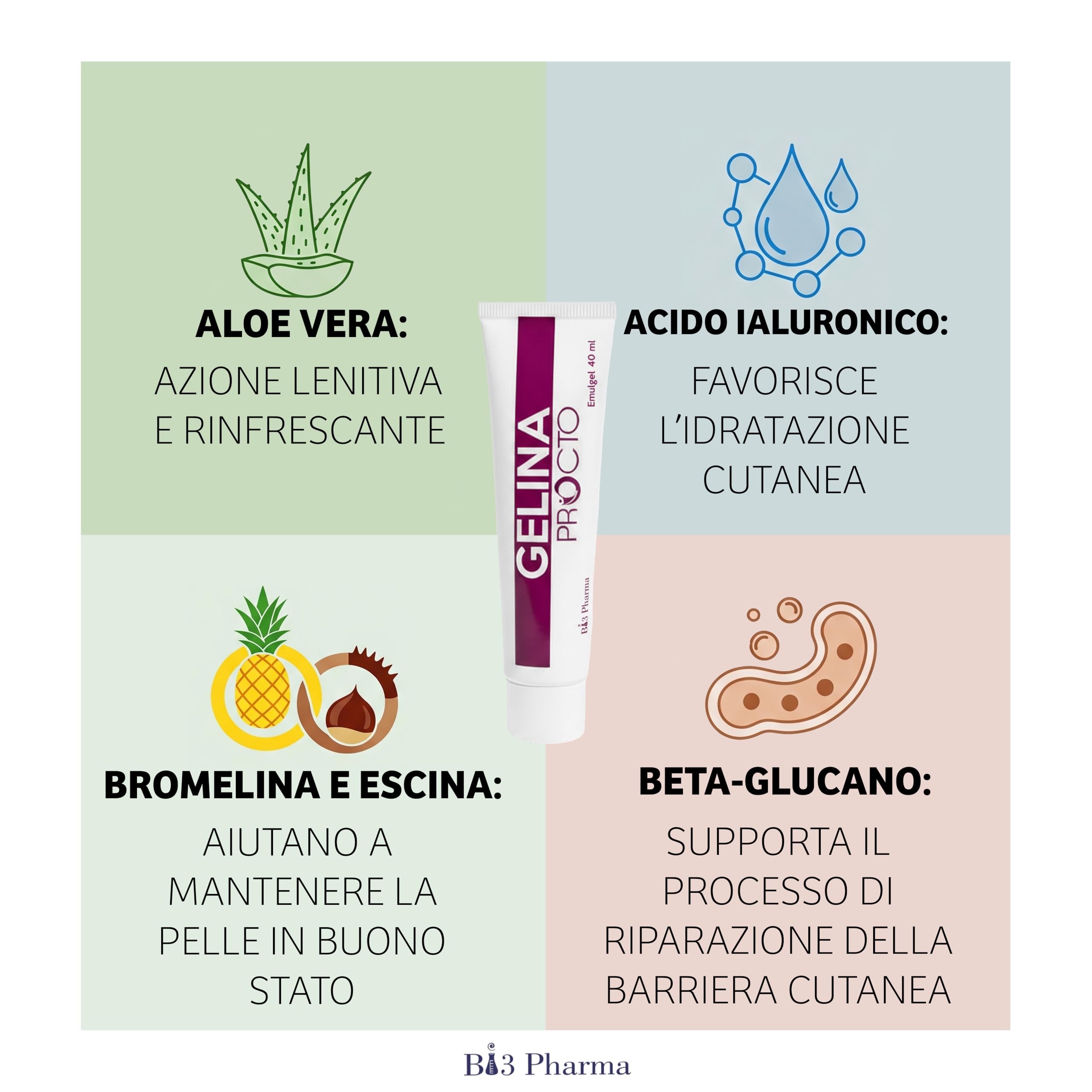 Gelina Procto Crema Emorroidi Emulgel 40 ml | Pomata lenitiva e idratante con Crema Aloe Vera, Acido Ialuronico, Escina e Bromelina |