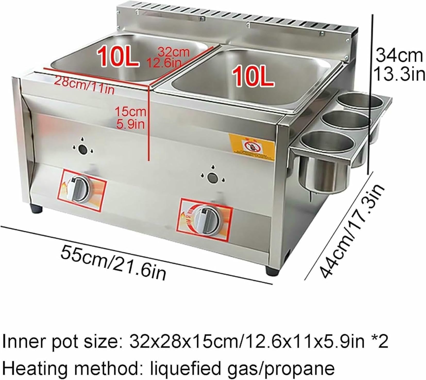Cesta para freidora de grasa comercial, freidora de gas comercial, 10L*2, máquina para freír de doble olla profunda de baja presión de acero inoxidable para encimera, cestas y tapas para freír ~/
