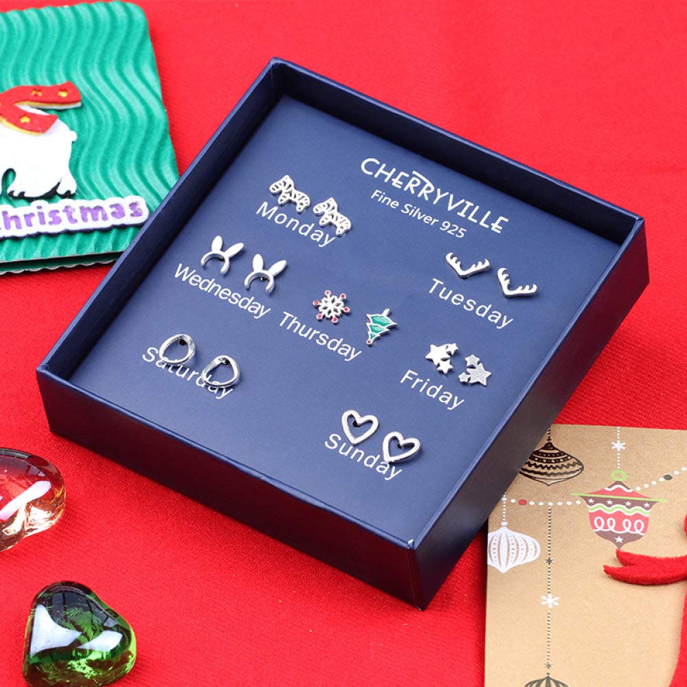 Ththt Women's Silver Stud Earrings S925 Earrings One Week Set Snowflake Star Christmas Tree Bunny Simple Mini Beautiful Fashion Exquisite Jewelry Set