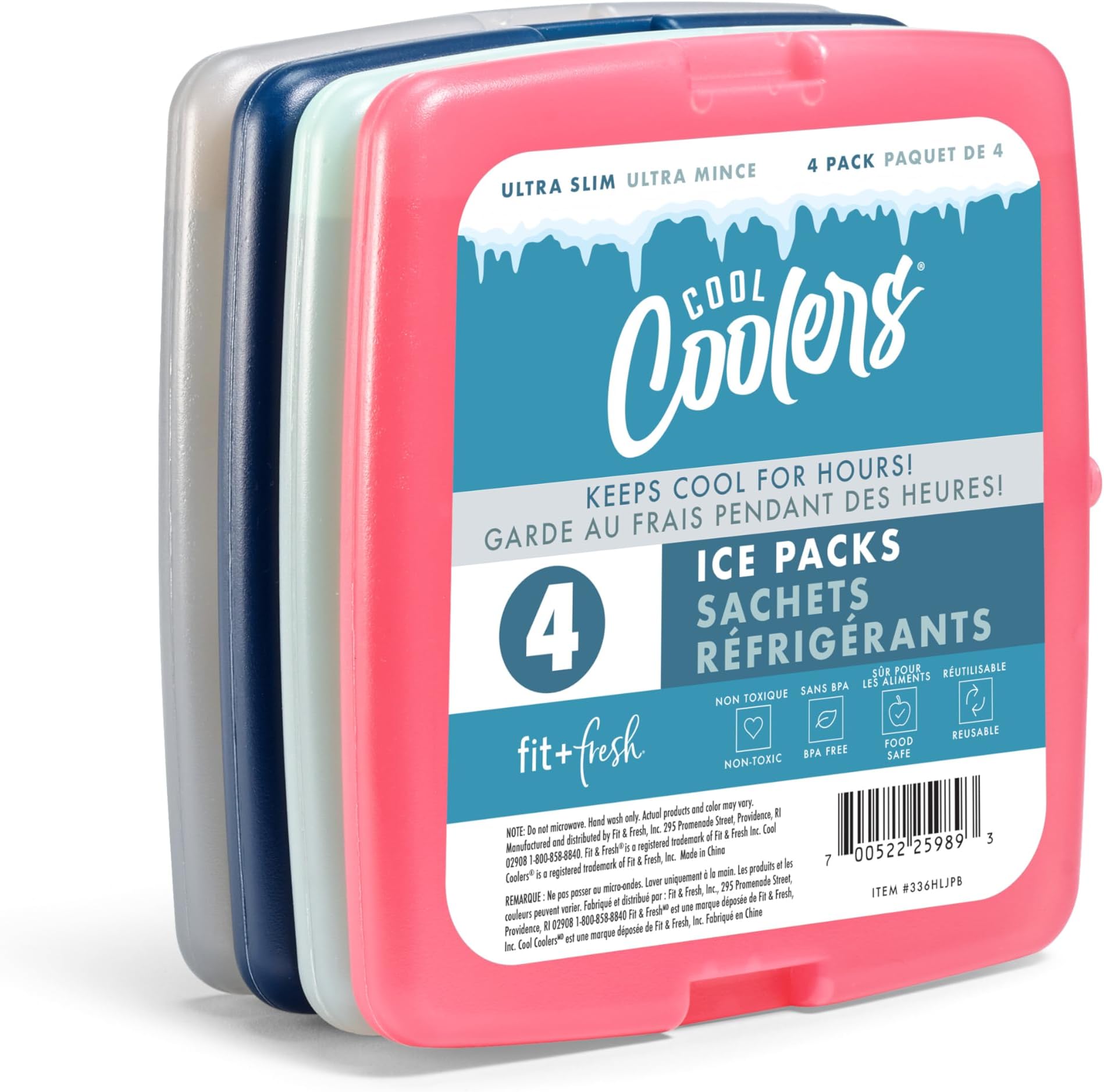 Fit + Cool Coolers by Fresh, Reusable Long Lasting Slim Ice Packs, Lunch Box Cold Packs, Lunch Bag Ice Packs