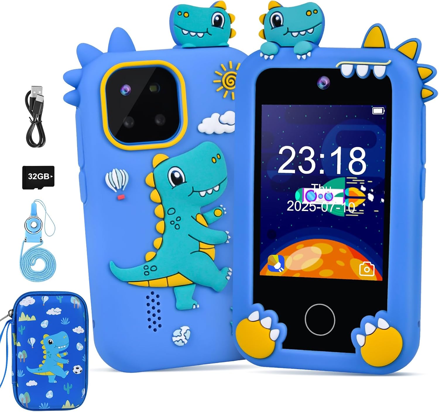 Kids Phone for Boy, Dinosaur Phone Toys for 3-10 Year Old Boys, Kids Mobile Phone Toy with Dual Cameras, 2.8 Inch Touchscreen, Music Player, Games with 32 GB Card, EVA Storage Box (Blue)