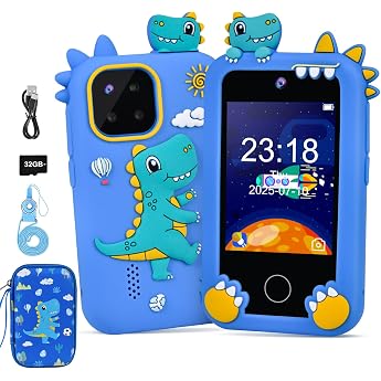 Kids Phone for Boys Dinosaur Mobile Phone Toys for 3-8 Years Old Boys Kids Mobile Phone Toys with Dual Cameras 2.8 Inch Touch Screen Music Player Games with 32GB Card Blue