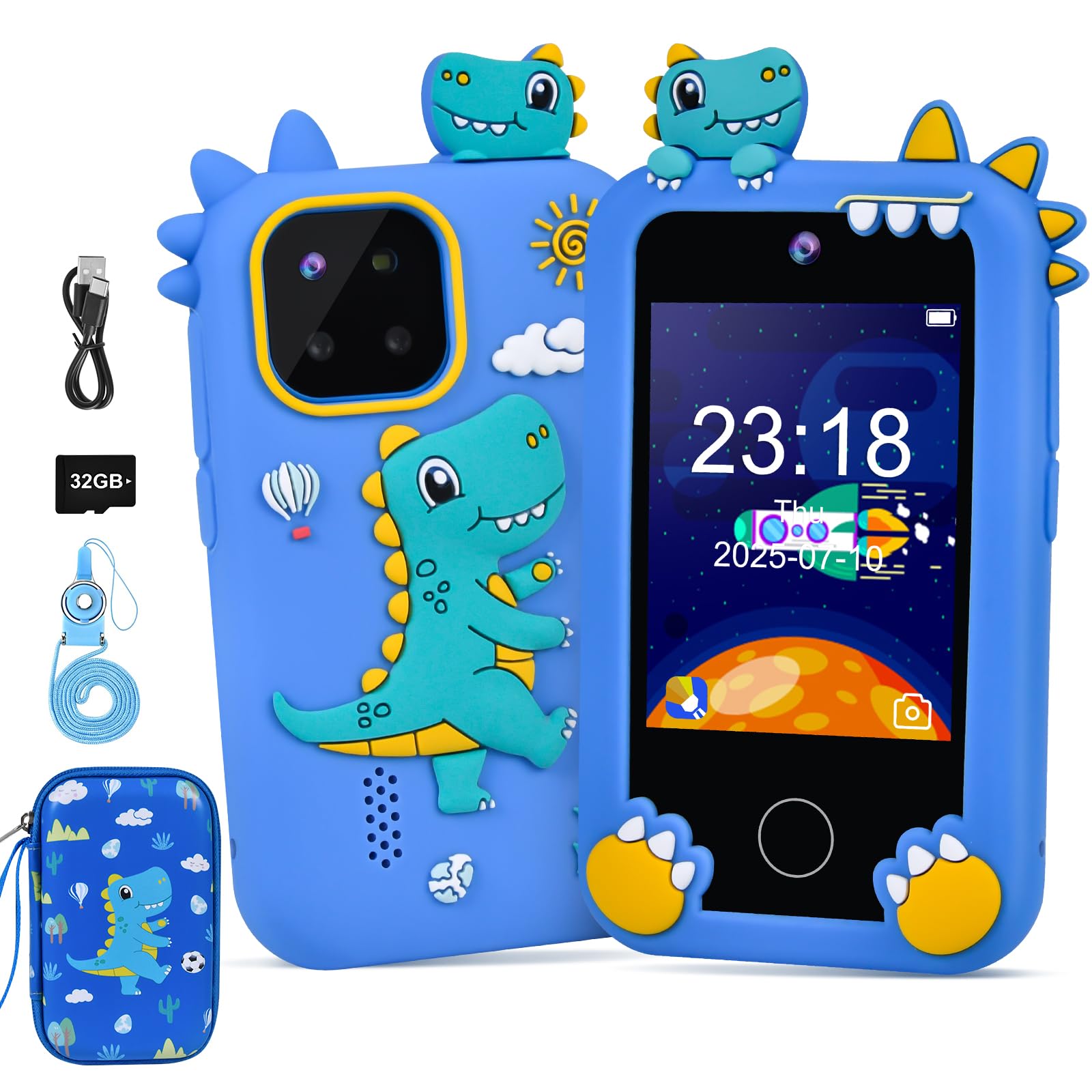 Elecoutek Kids Phone for Boy, Dinosaur Phone Toys for 3-10 Year Old Boys, Kids Mobile Phone Toy with Dual Cameras, 2.8 Inch Touchscreen, Music Player, Games, 32 GB Card and Bag (Blue)