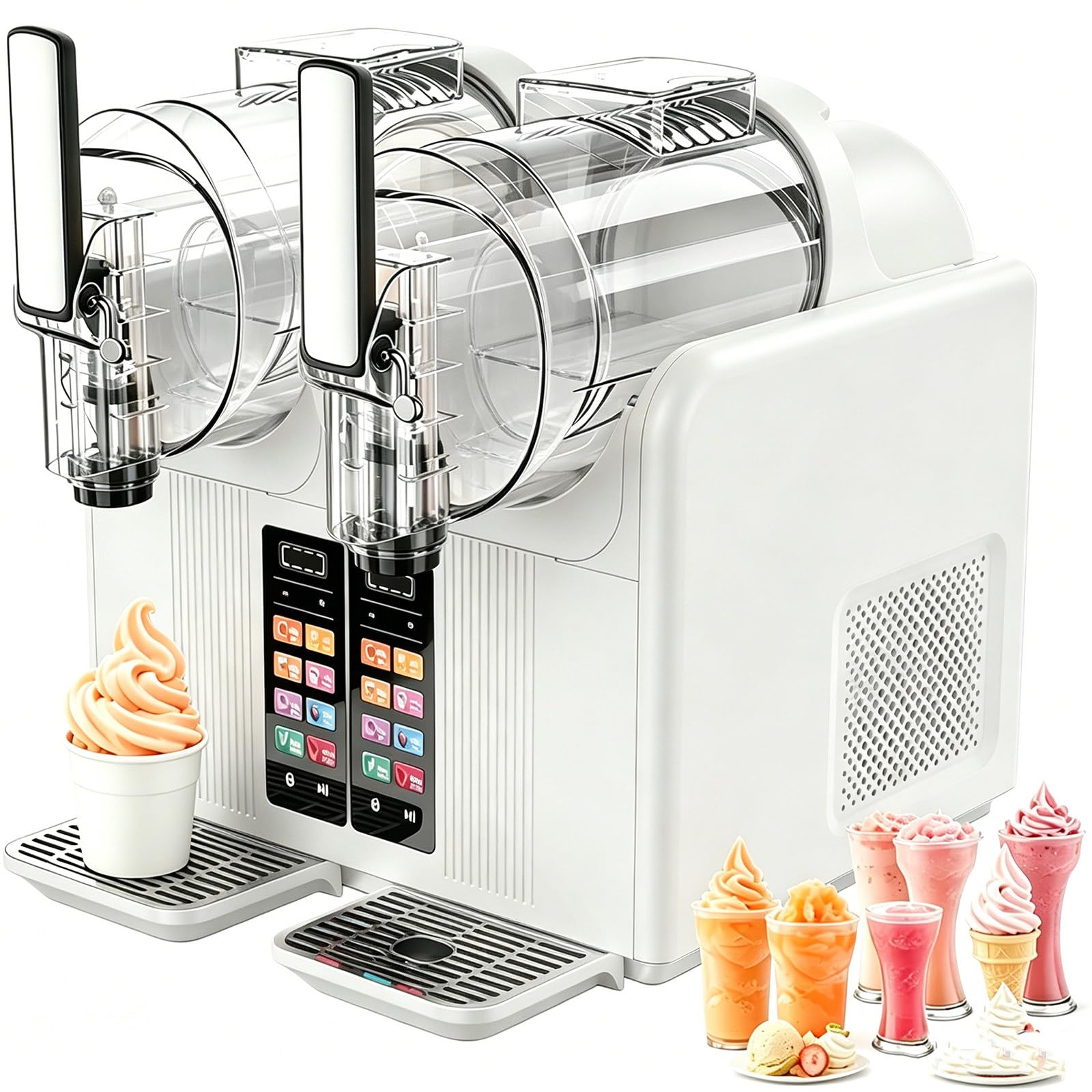 ZYLDDS Slushie Machine & Soft Serve Ice Cream Maker 2 in 1 with Self-Cleaning Function,Touch Panel,Frozen Drink Maker with 7 Preset Programs,Makes Slushies Milkshakes Cocktails White-twincylinder