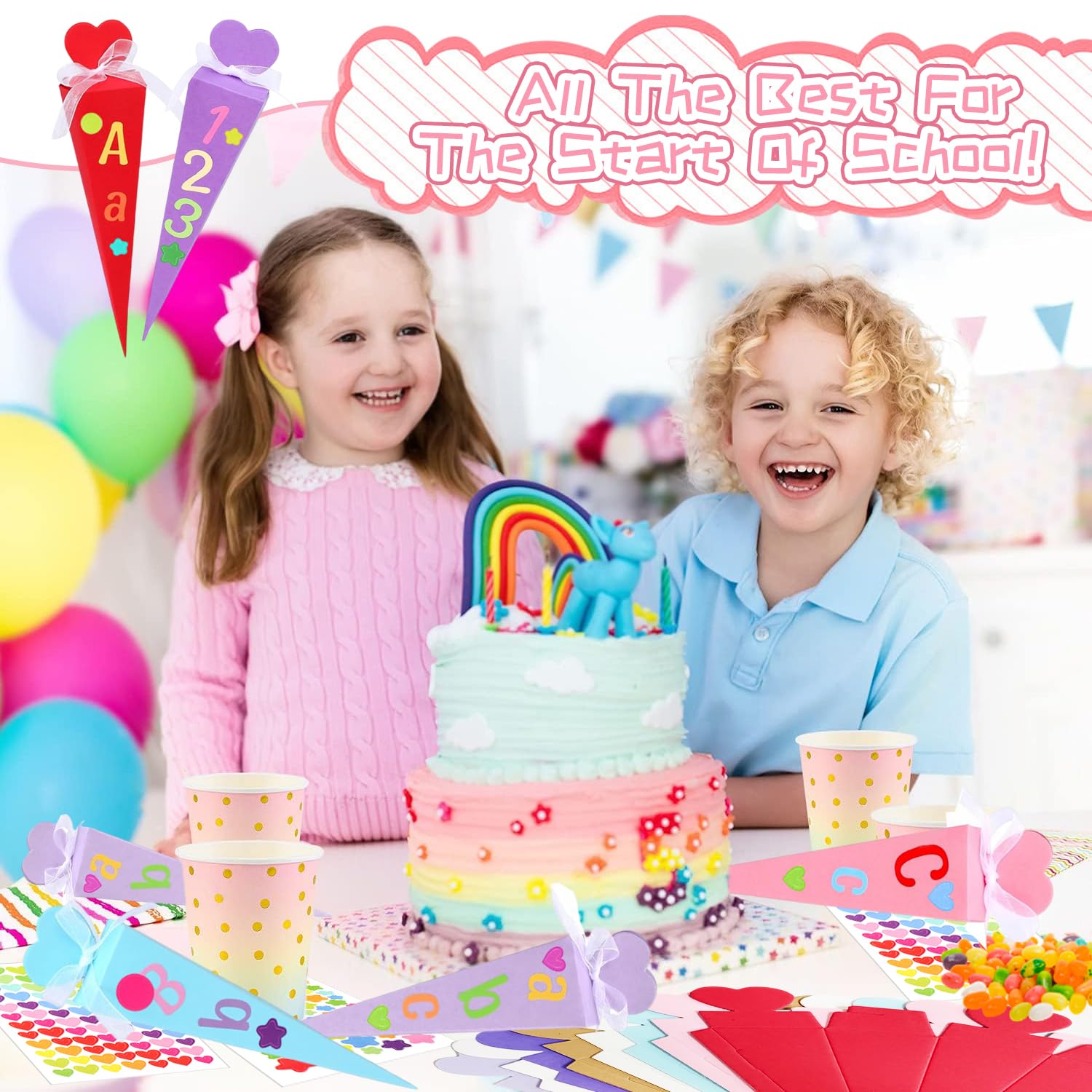 Schultüte Gefüllt 32 Pièces Mädchen Cornet Surprise DIY Sac à Sucre Pliable Premier Jour d'École