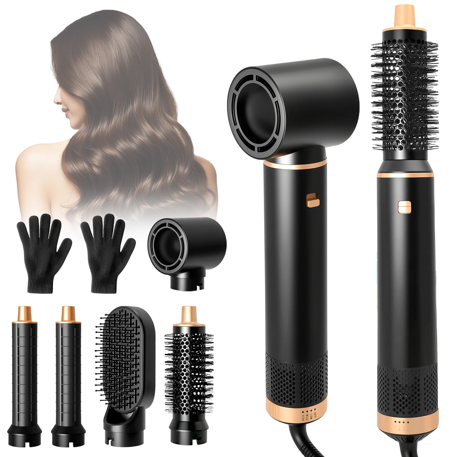 Airbrush 5 en 1, Air Styler 5 en 1, Hairstyler avec Seche Cheveux, Brosse Soufflante, 32mm Fer a Boucler, Thermal Brush, Pas de Dommage Thermique, pour Cheveux Secs, Lissés, Bouclés