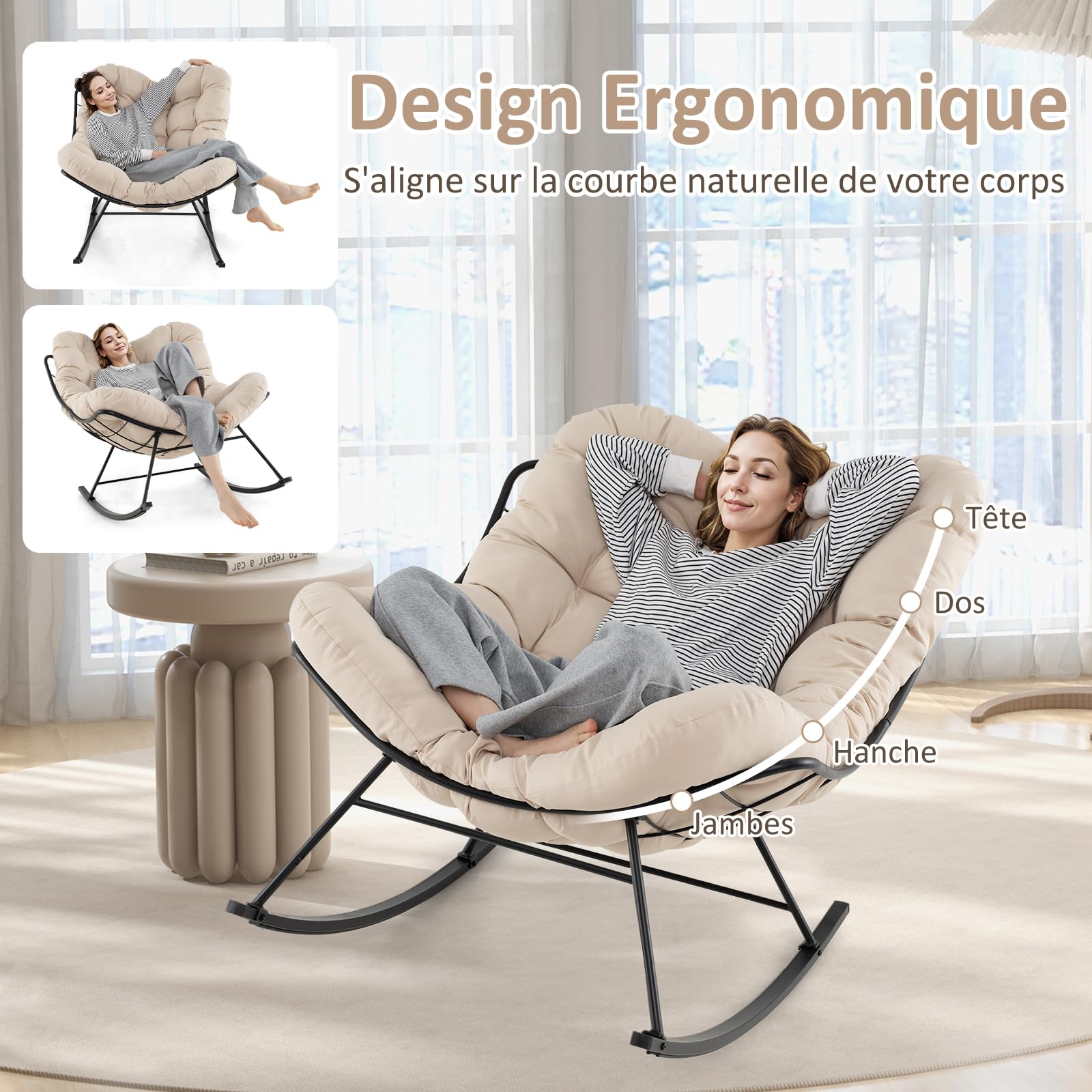 COSTWAY Fauteuil a Bascule d'Intérieur et d'Extérieur, Chaise Papasan Surdimensionnée avec Coussin Rembourré, Cadre en Métal, Fauteuil Œuf pour Salon, Patio, Capacité 205 kg (Beige)